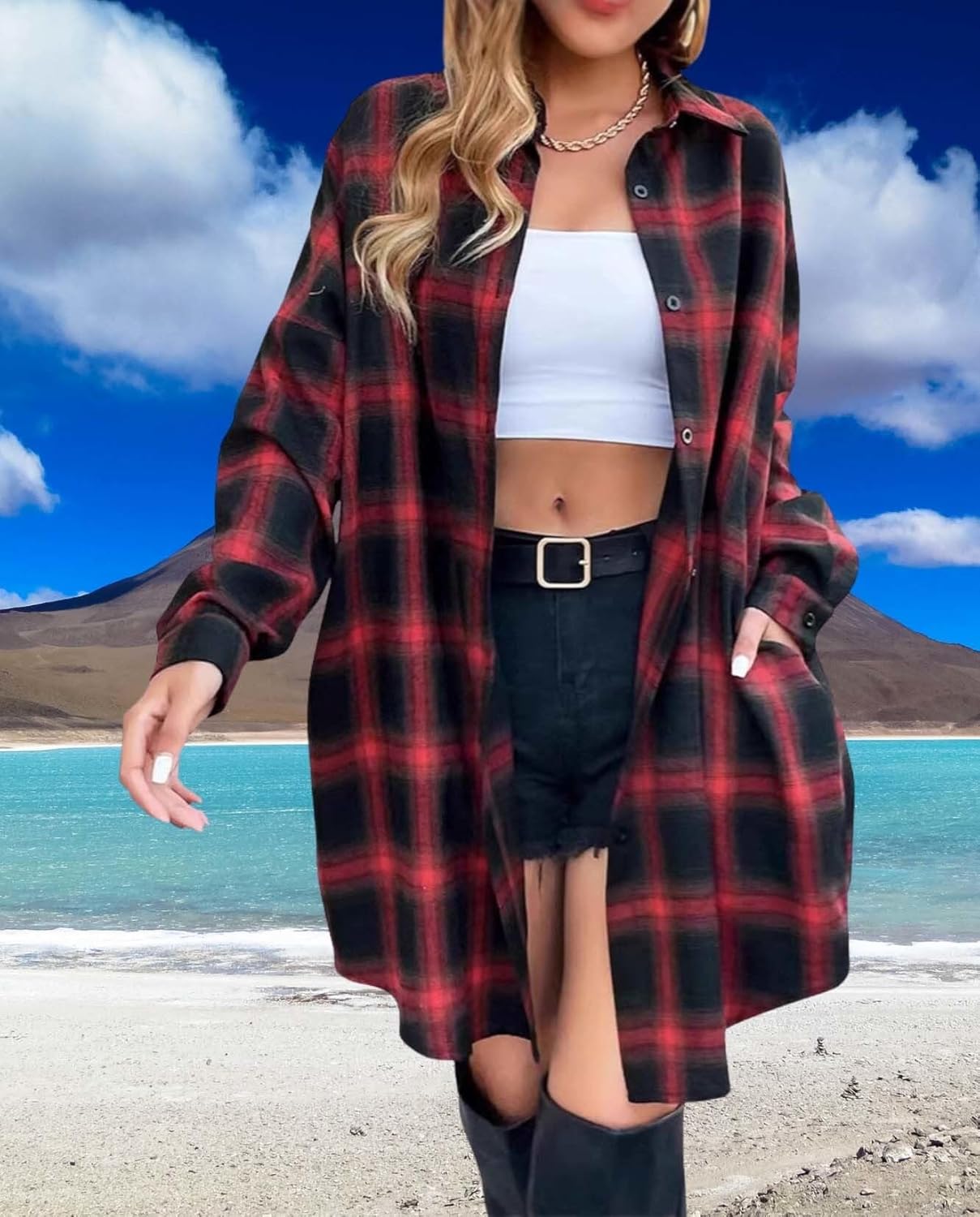 LIZALIG Womens Plaid Shacket Jacket Long Sleeve Button Down Shirt Oversized Lightweight Jacket Fall Fashion Coat - Image 5