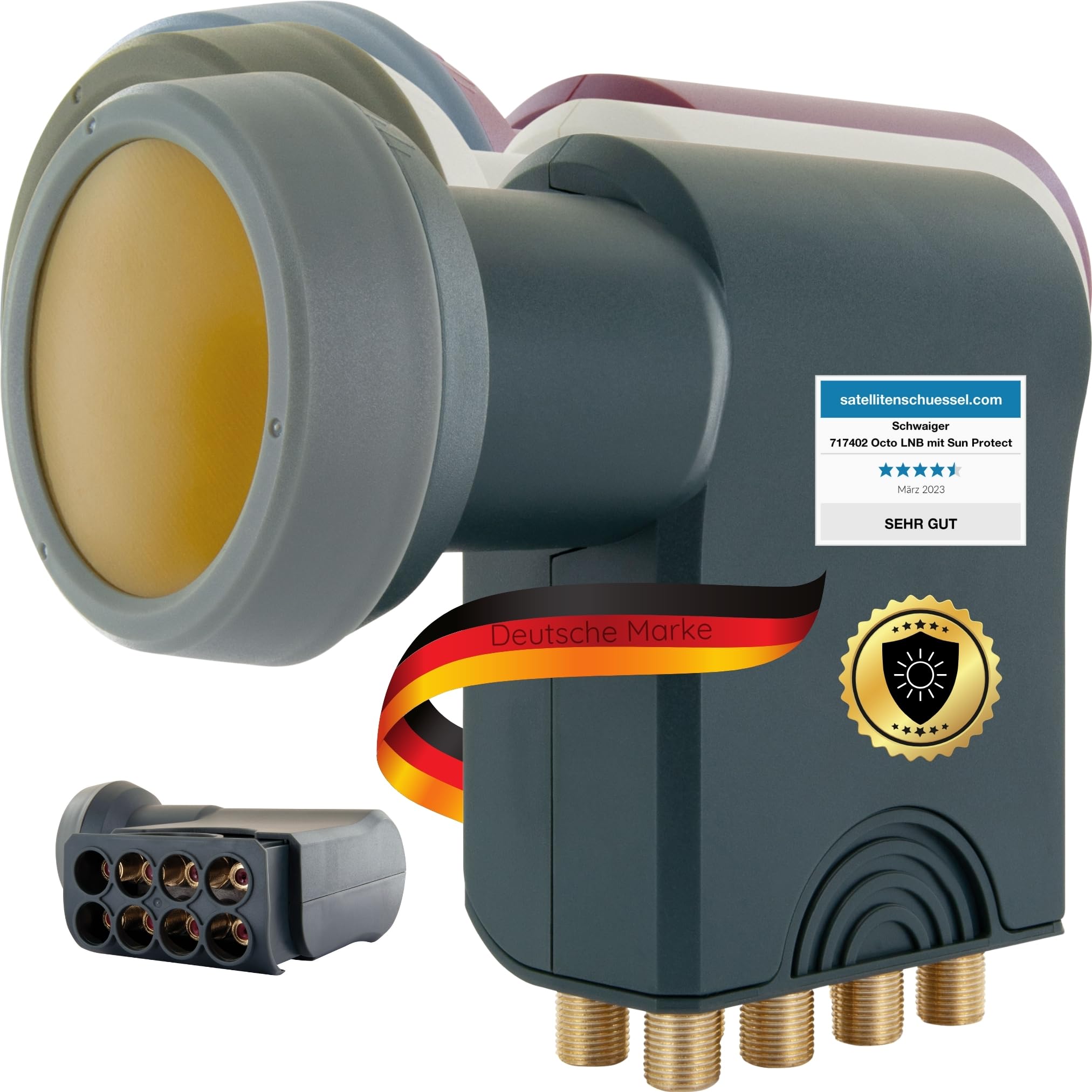 SCHWAIGER -717402- Octo LNB z ochroną przeciwsłoneczną | cyfrowy | 8 uczestników | ekstremalnie odporna na wysokie temperatury nasadka LNB | zastosowanie z anteną satelitarną | nadaje się do multifeed z ochroną przed warunkami atmosferycznymi i pozłacanym