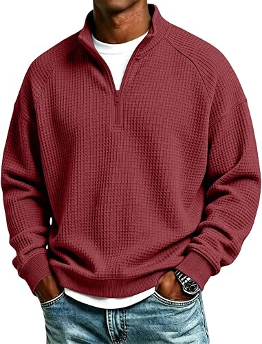 Quarter Zip Sweatshirt Men Long Sleeve Waffle Knit Sweatshirts