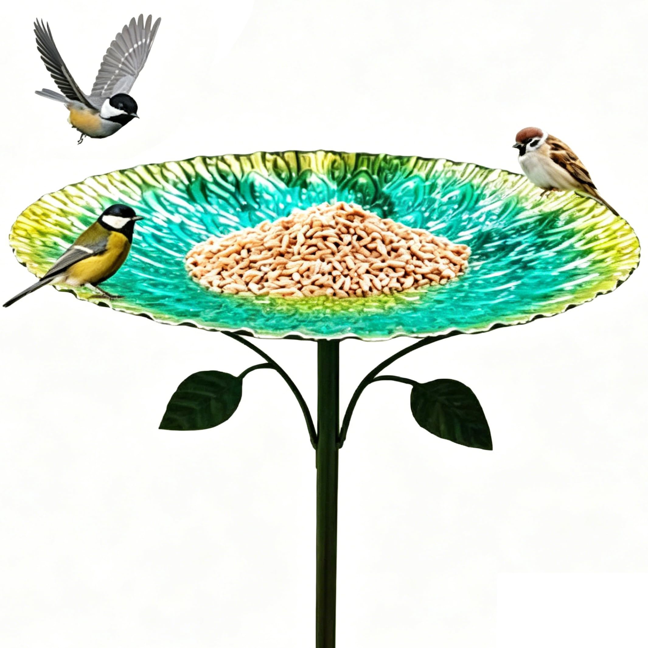 Bain d'oiseaux en métal vert de 10 pouces avec piquet pour jardin et patio