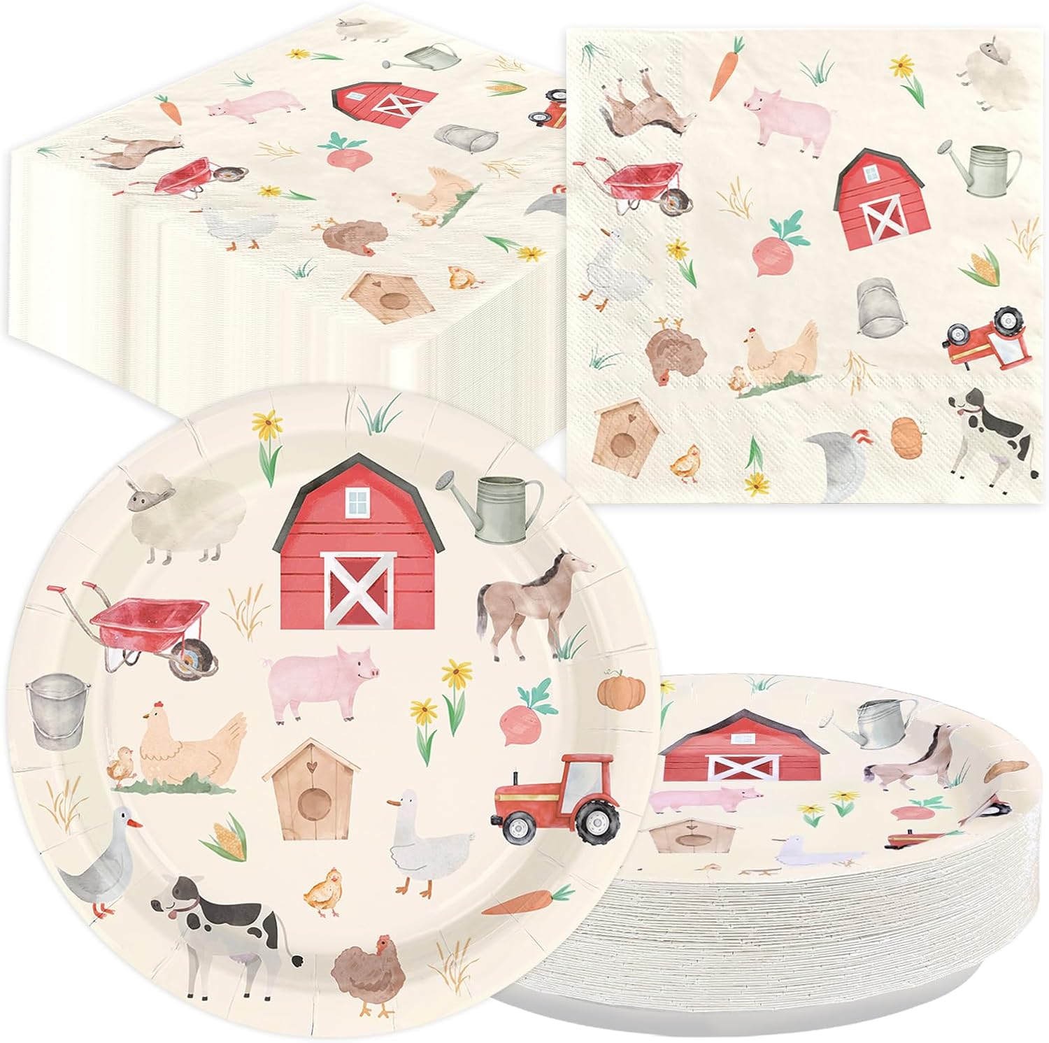 100 Pcs Farm Chicken Party Supplies Silly Goose Chicken Flower Horse Cow Plates and Napkins Disposable Farm Animals Tableware Set for Farmer Kids Tea Party Baby Shower Party Decorations Serves 50