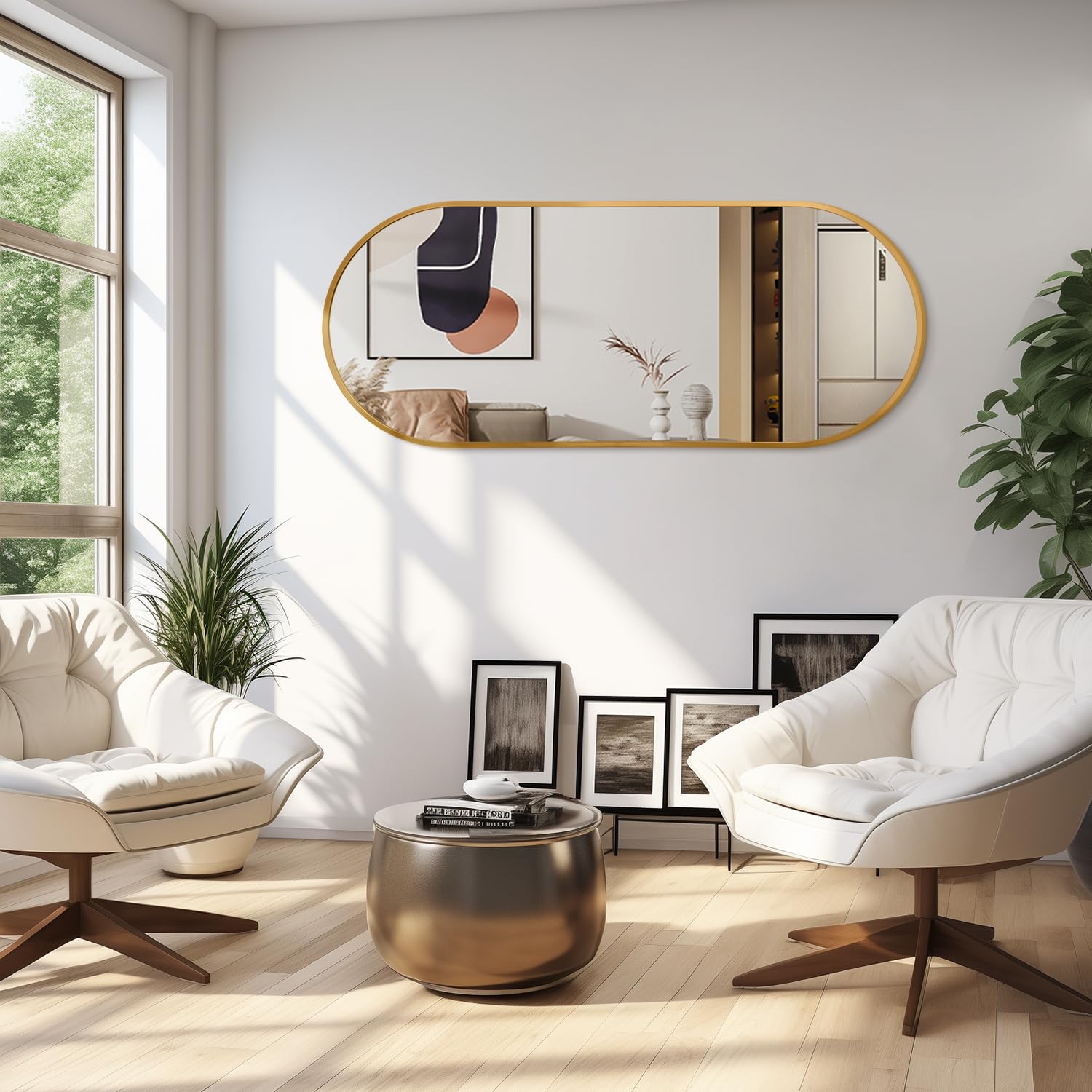 JJUUYOU Miroir de salle de bain ovale pleine longueur miroir mural en métal doré 120 x 60 cm encadré en alliage d'aluminium miroirs de chambre à coucher pour salon, entrée, dortoir et entrée