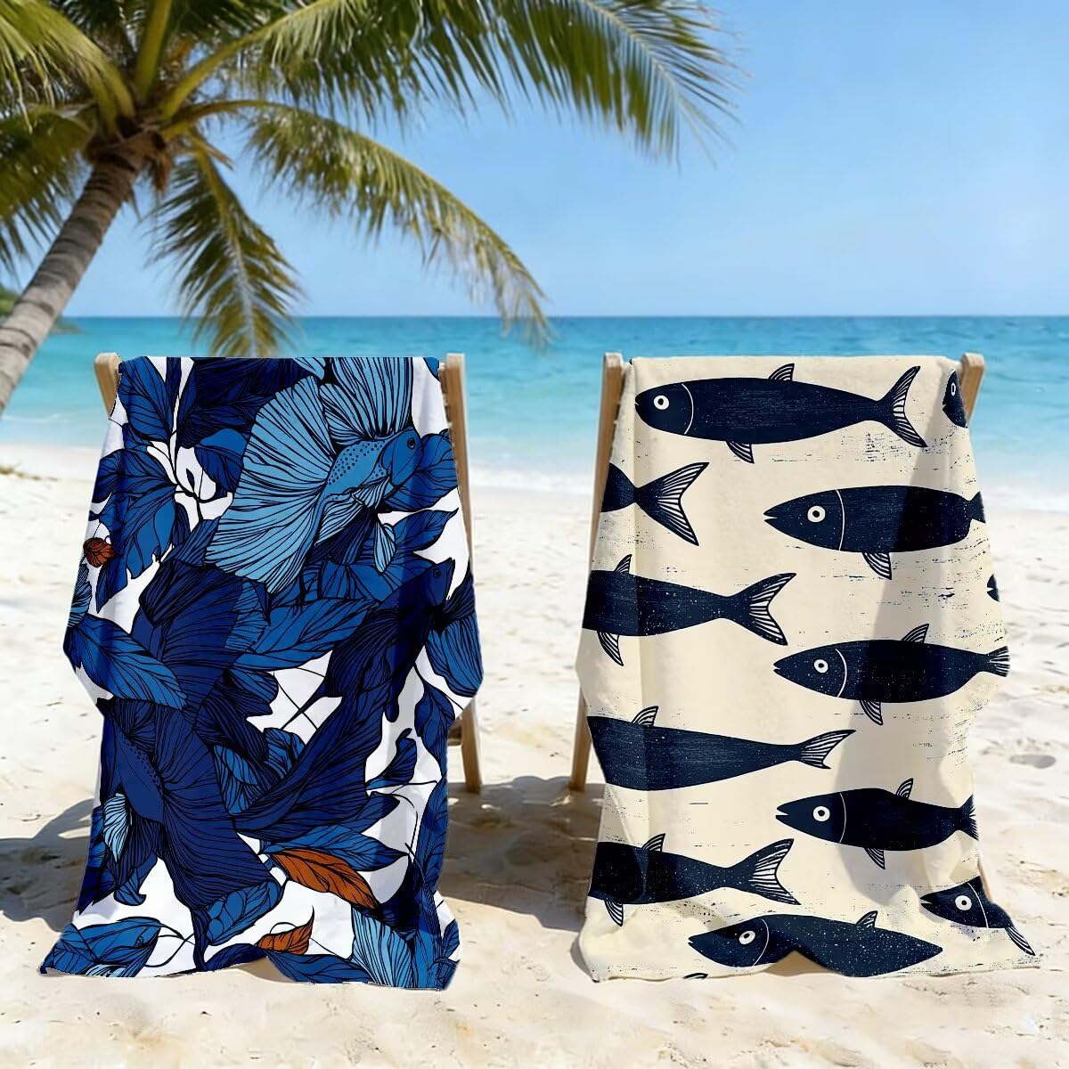 Toalla Playa 100x200 cm, Toalla Gimnasio Microfibra Secado Rapido, Juego de 2 Antiarena Toallas de Playa, Ligera Compacta Toallas Microfibra Grande para Viaje, Regalo Hombre Regalo Mujer (Pez) -4421