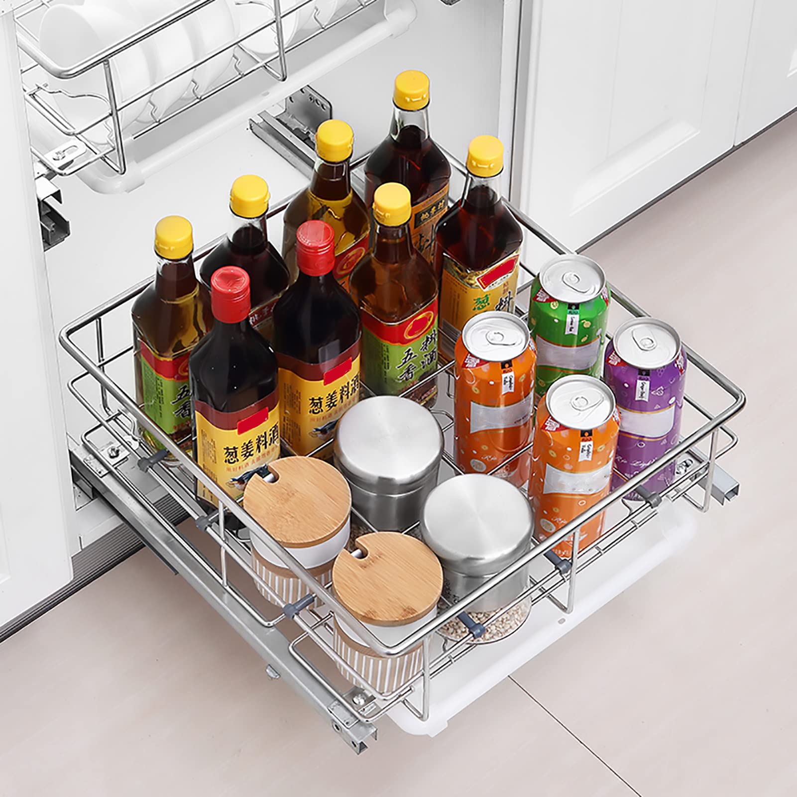 Cassetto Estraibile per Cucina, Organizer per mobiletto Estraibile Individuale a 2 Livelli per Cucina, portaspezie Estraibile per impieghi gravosi, cestello in Filo di Acciaio Inossidabile 3