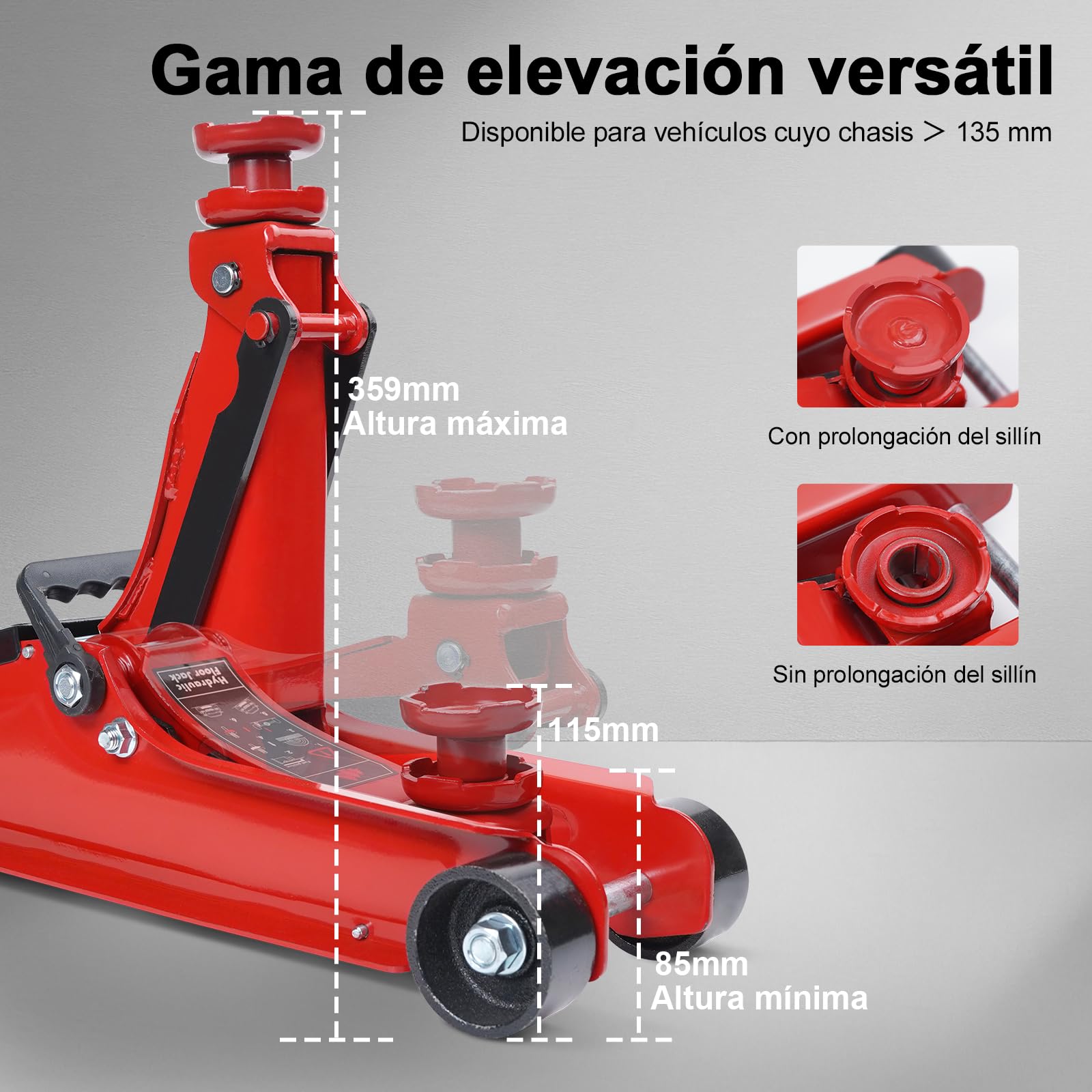 Gato hidráulico con ruedas HYCHIKA Gato hidráulico con pistón hidráulico de elevación rápida de 2.5T, gato hidráulico, rango de elevación de 135-370 mm para berlina, SUV, cambio de neumáticos