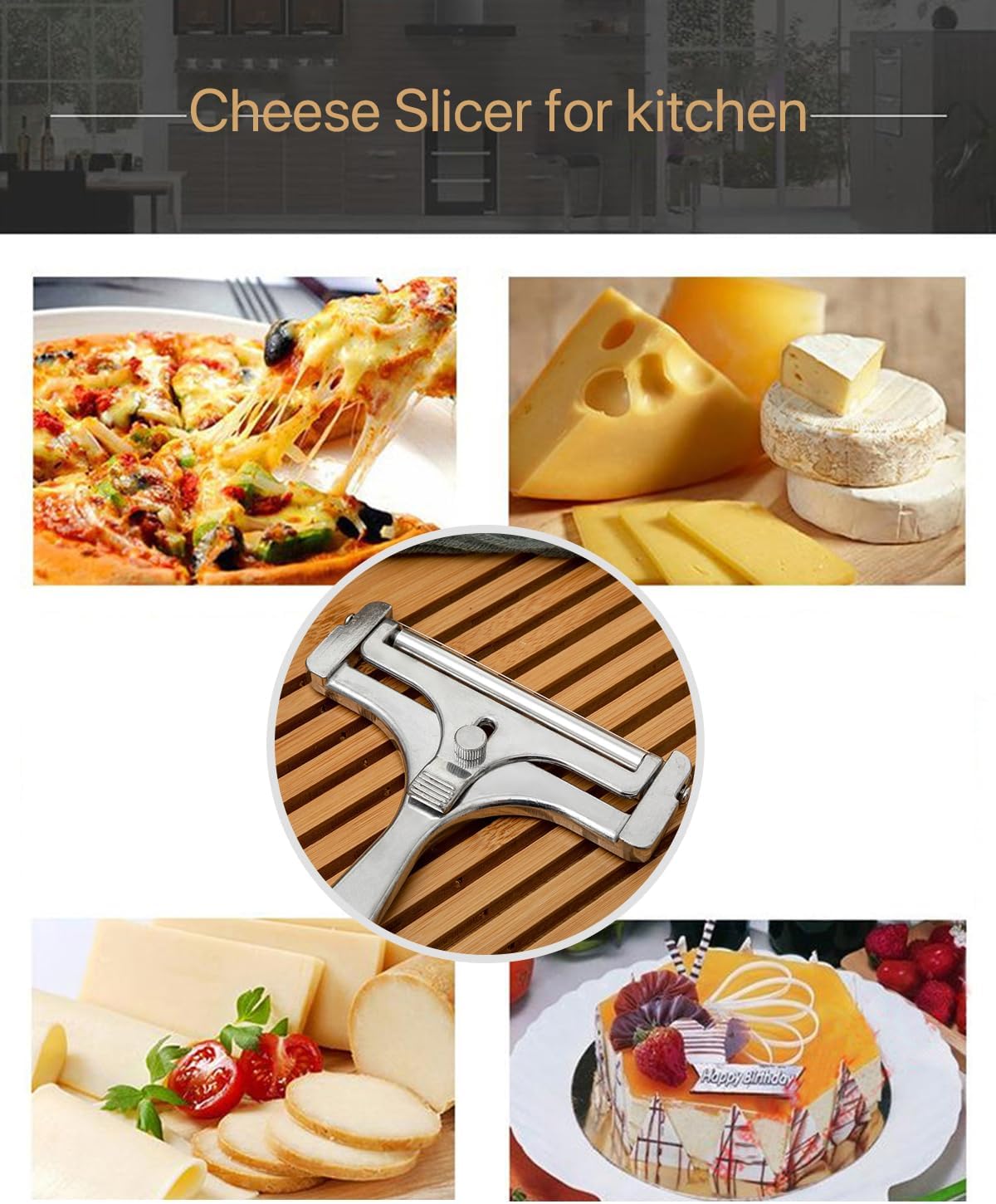 Stainless Steel Wire Cheese Slicer, Adjustable Thickness Handheld Cheese Cutter with 4 Extra Wires for Mozzarella, Cheddar, Gruyere, Raclette