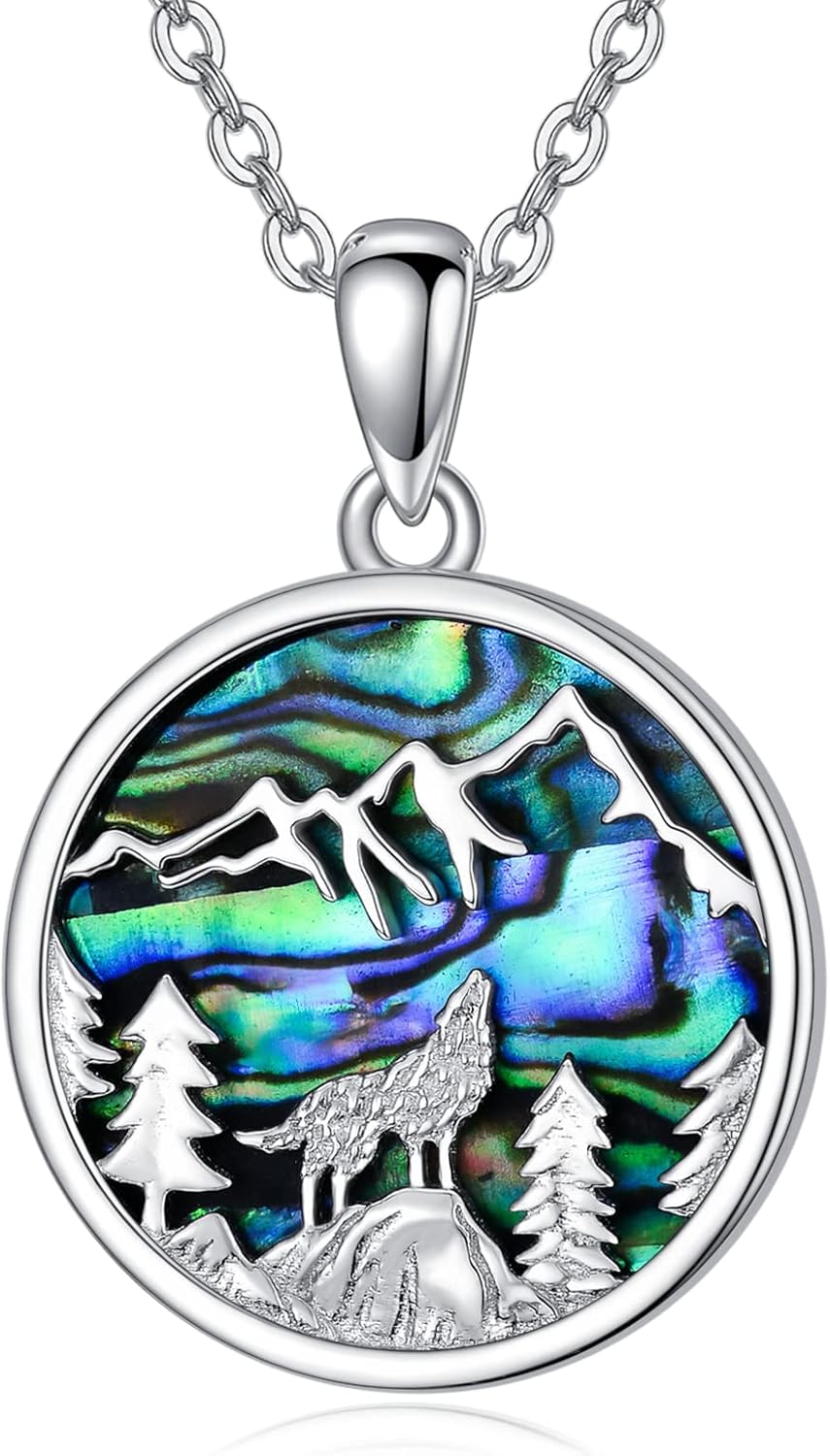 VONALA Wolf Necklace 925 Sterling Silver Pendant Abalone Shell Wolf Necklace Jewelry Gift for Women Men