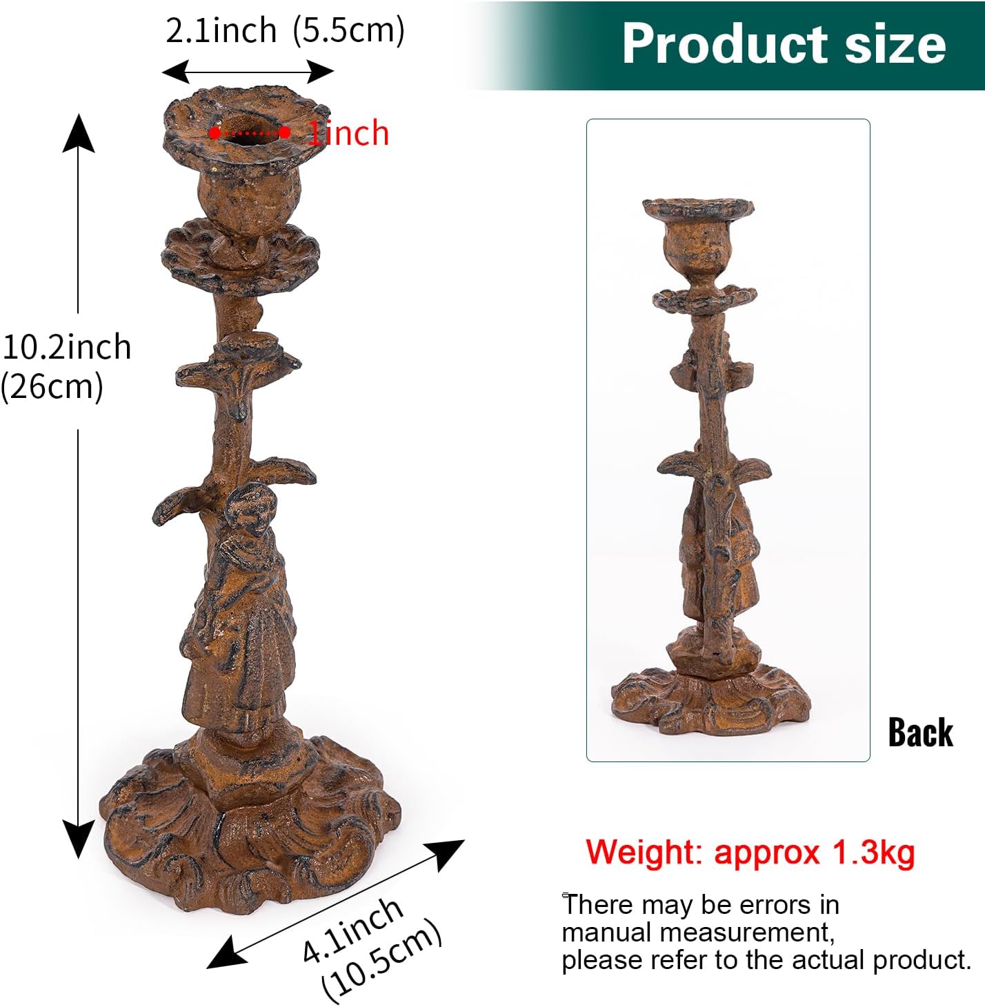 Sungmor Vintage Cast Iron Candle Holder, 10.2" Tall Rustic Noblewoman Figurine Candlestick - Decorative Taper Candle Stand for Home, Tabletop, Mantel Display - Gothic, Medieval, or Farmhouse Décor - Image 6