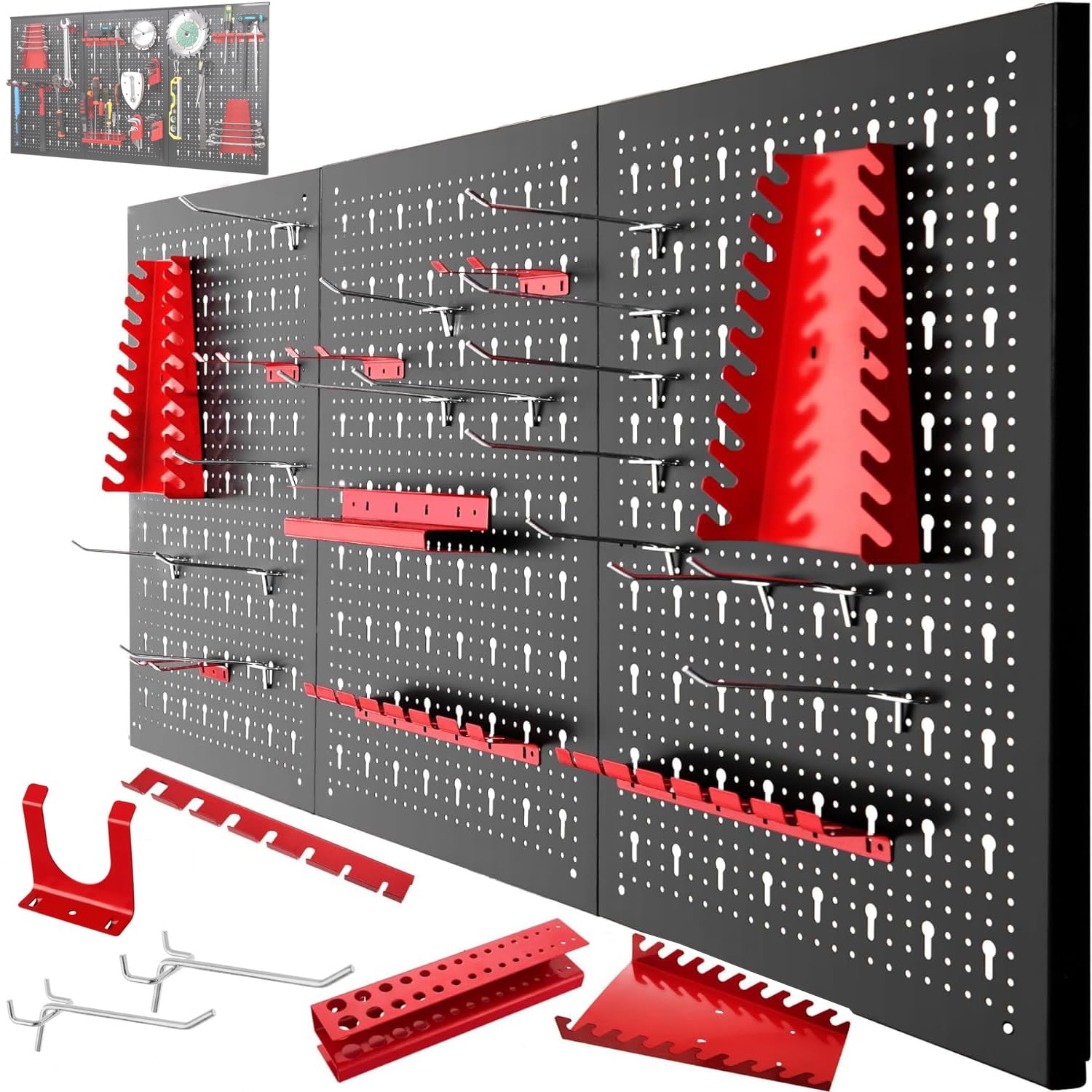 Panel para Herramientas de Metal 1200 x 600 mm con accesorios para colgar herramientas, 28 piezas Organizador de herramientas y soporte de pared multiusos Panel perforado