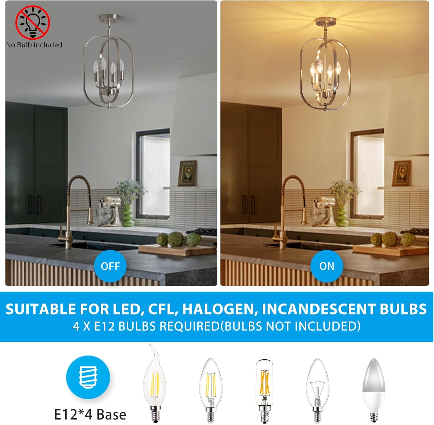 XINGQI 12.2" Modern Brushed Nickel Ceiling Lights Farmhouse Small Mini Chandelier 4-Light Semi Flush Mount Ceiling Light Fixture for Entryway Dining Room Kitchen Foyer