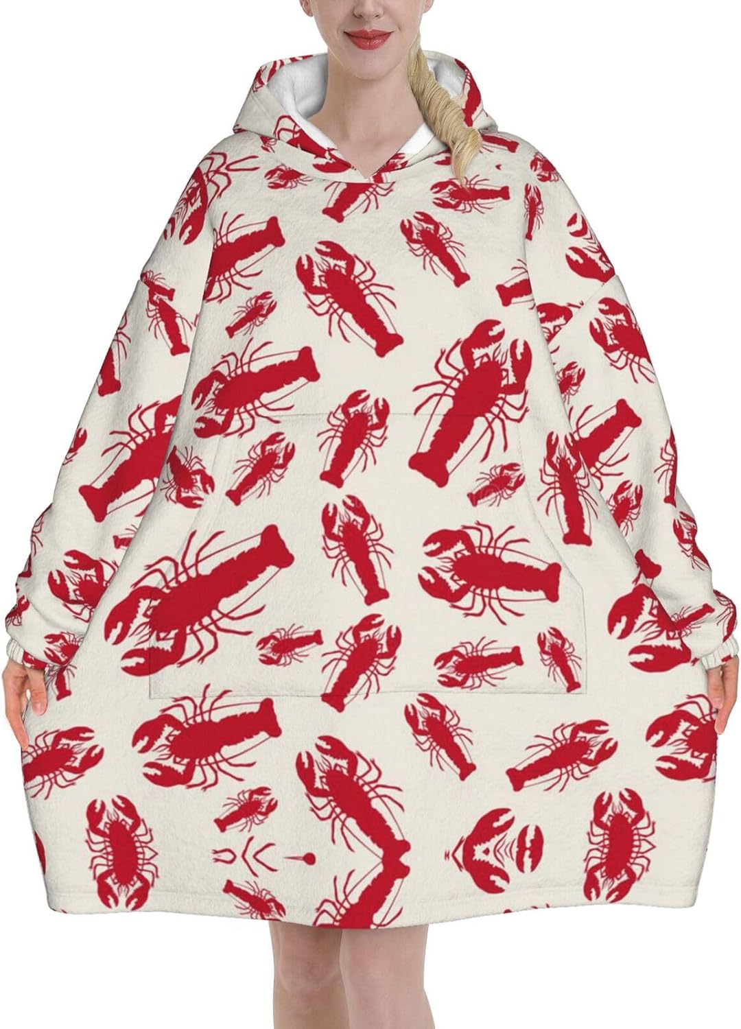 Red Lobster Print Blanket Hoodie Fleece Sweatshirt Blanket With Sleeves And Pockets