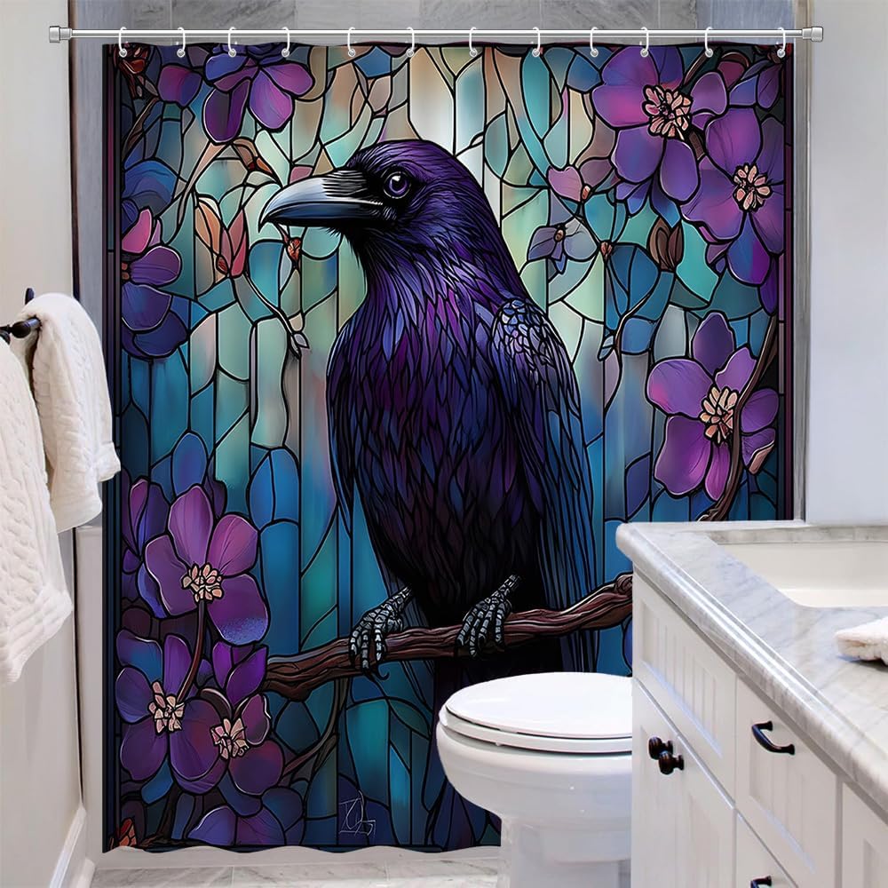 Stained Glass Raven Shower Curtain Vintage Purple Floral Spooky Black Raven Crow Bird Flower Modern Gothic Bathroom Decor Set Fabric with Hooks