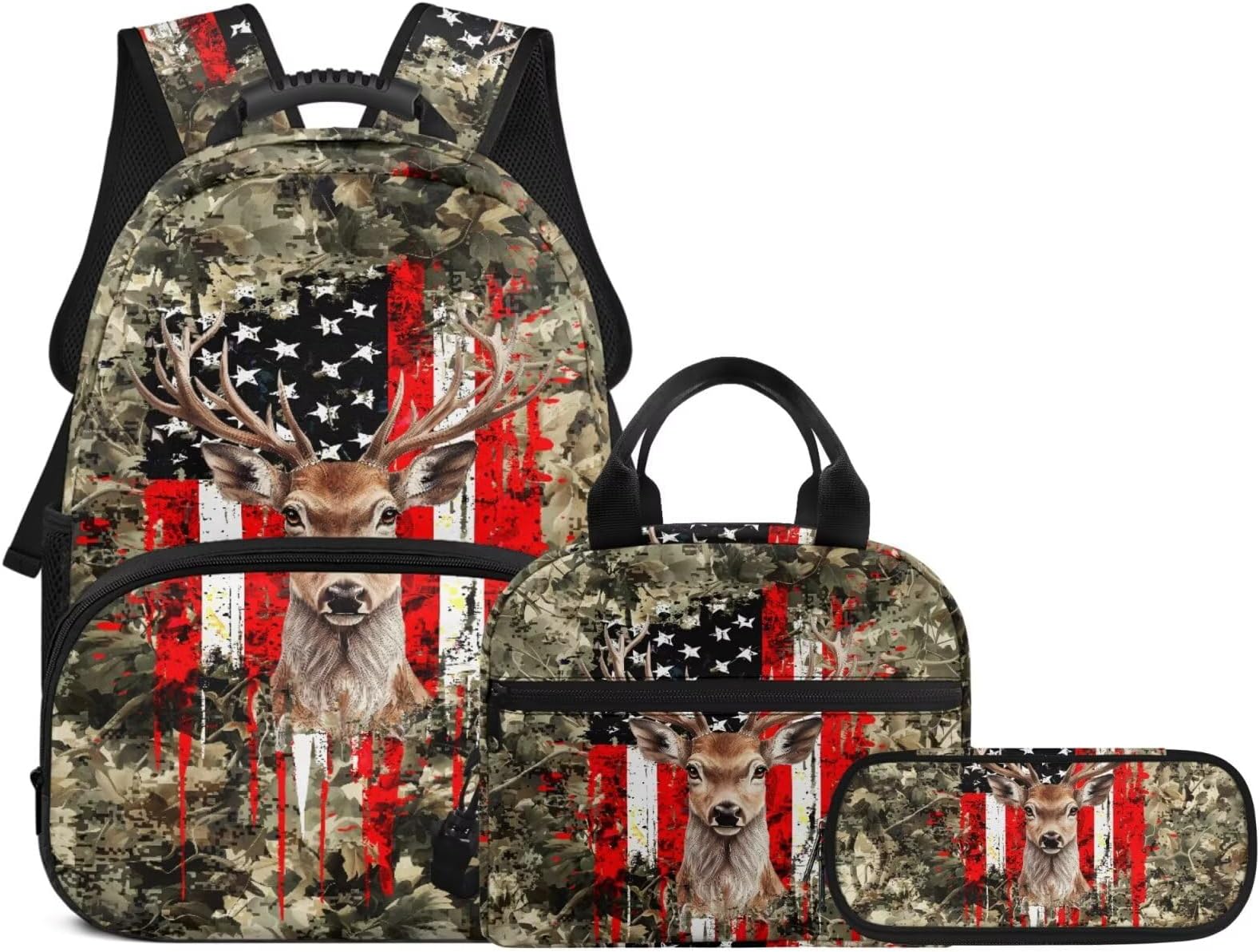 Backpack for Boys Girls Teens, 3 in 1 Lightweight American Flag Deer School Backpack with Lunch Box Pencil Case for Kids, 3Pcs School Bag
