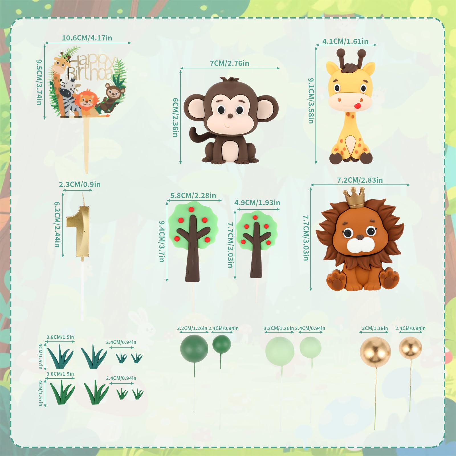 1st Birthday Safari Cake Toppers Set - 3D Lion, Monkey, Giraffe with Number 1 Candle, 8 Grass, Trees & Balls - 21PCS Jungle Animal Cake Decorations Kit for Boys Girls 1 Year Old Party (1st)