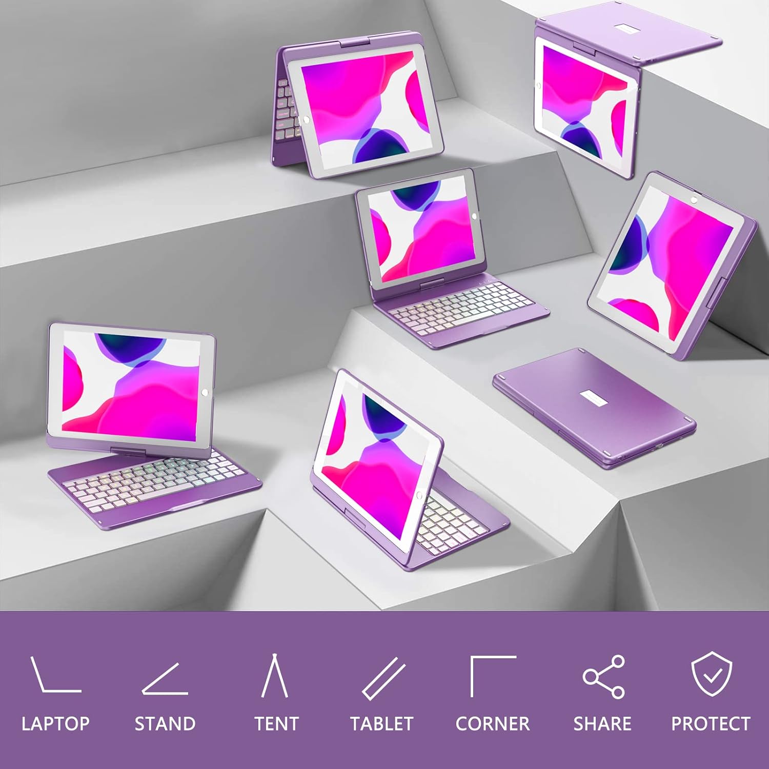 MMK iPad Keyboard Case for iPad 6th Gen 2018,5th Gen 2017, Pro 9.7, Air 2,Air 1, Backlit 10 Color 360 Screen Rotation Case with Keyboard, Auto Sleep/Wake - Violet