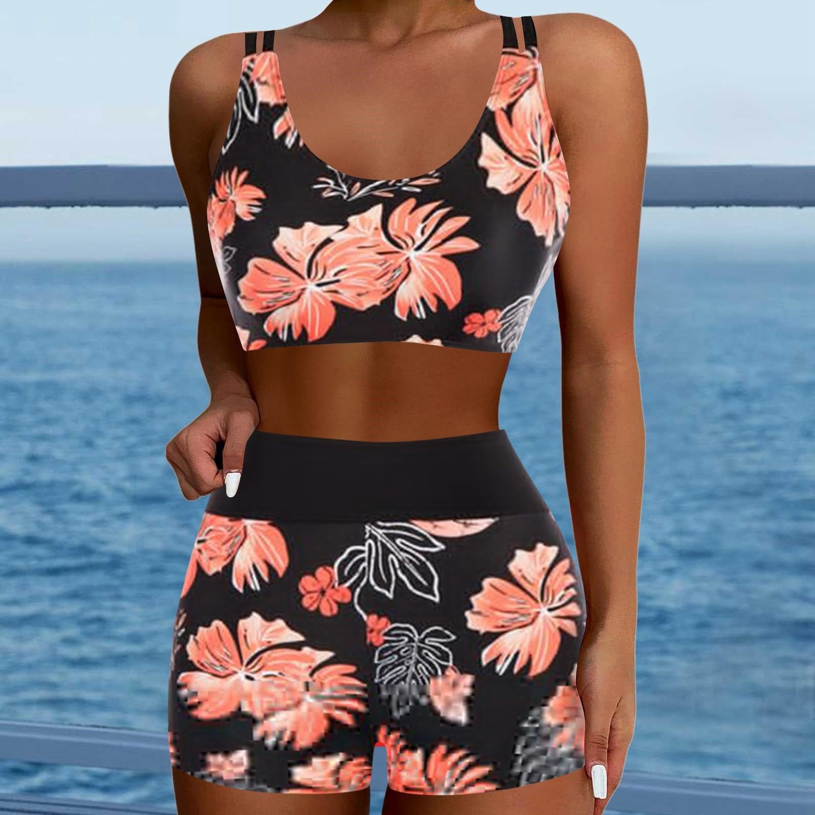 Generisch Costume da bagno con gilet conservatore, bikini stampato, set da tre pezzi, tankini da donna con cintura arricciata