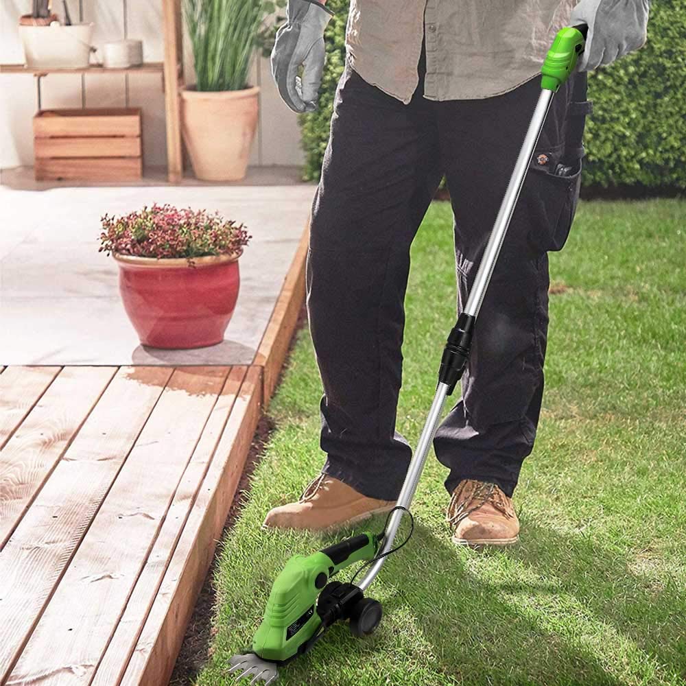 Bakaji Tijeras de podar eléctricas a batería con mango telescópico extensible, cortasetos, desbrozadora, cortasetos, 2 cuchillas intercambiables de 9 cm y 17 cm de acero