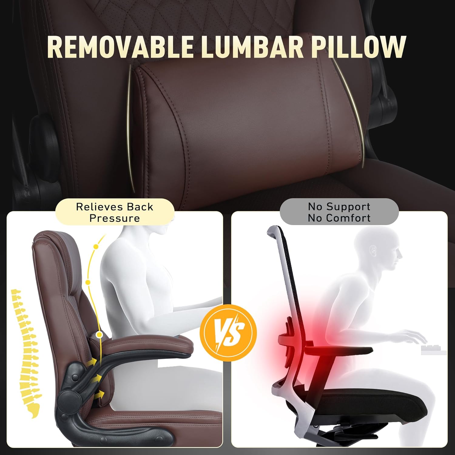 Home Leather Office Chair with Lumbar Support, 5" Padded Seat, Small Rocking Desk Chair, Comfy Computer Chairs with Rolling Wheels & Adjustable Arms for Adults, Brown - Image 3