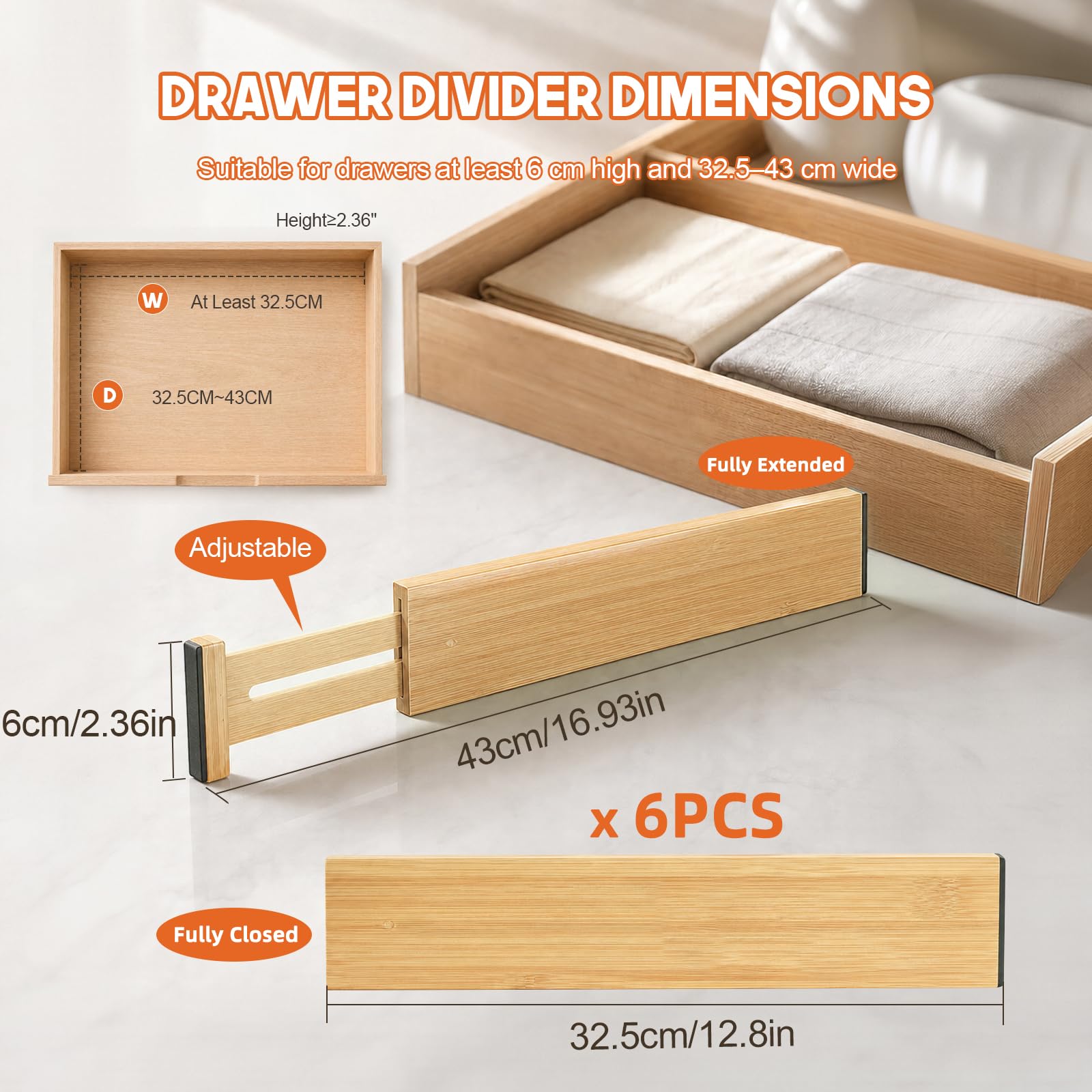 Confezione da 6 divisori regolabili in bambù per cassetti, 32,5-43 cm