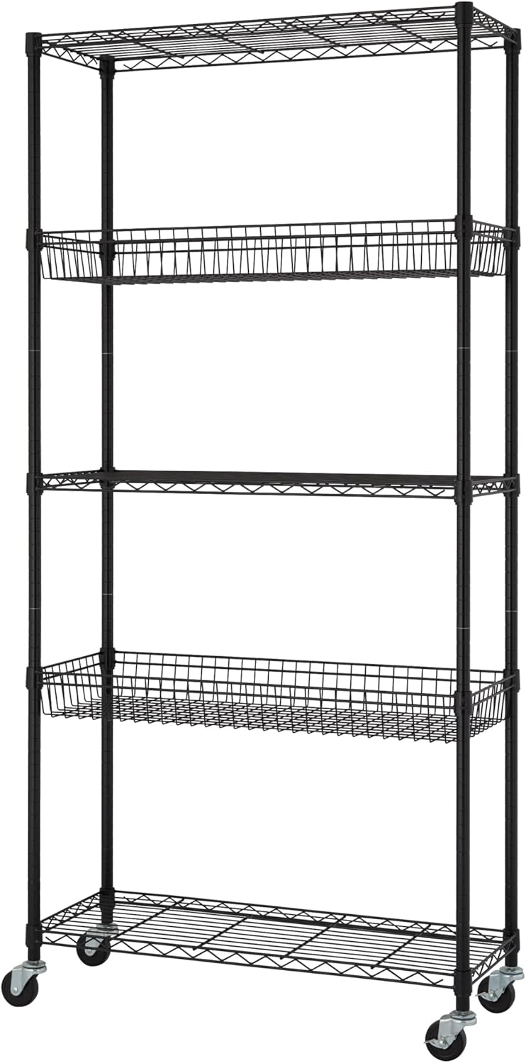 TRINITY 5-Tier Commercial Wire Shelving Rack With Baskets And Wheels, NSF Certified, 36″ x 14″ x 72″, Black