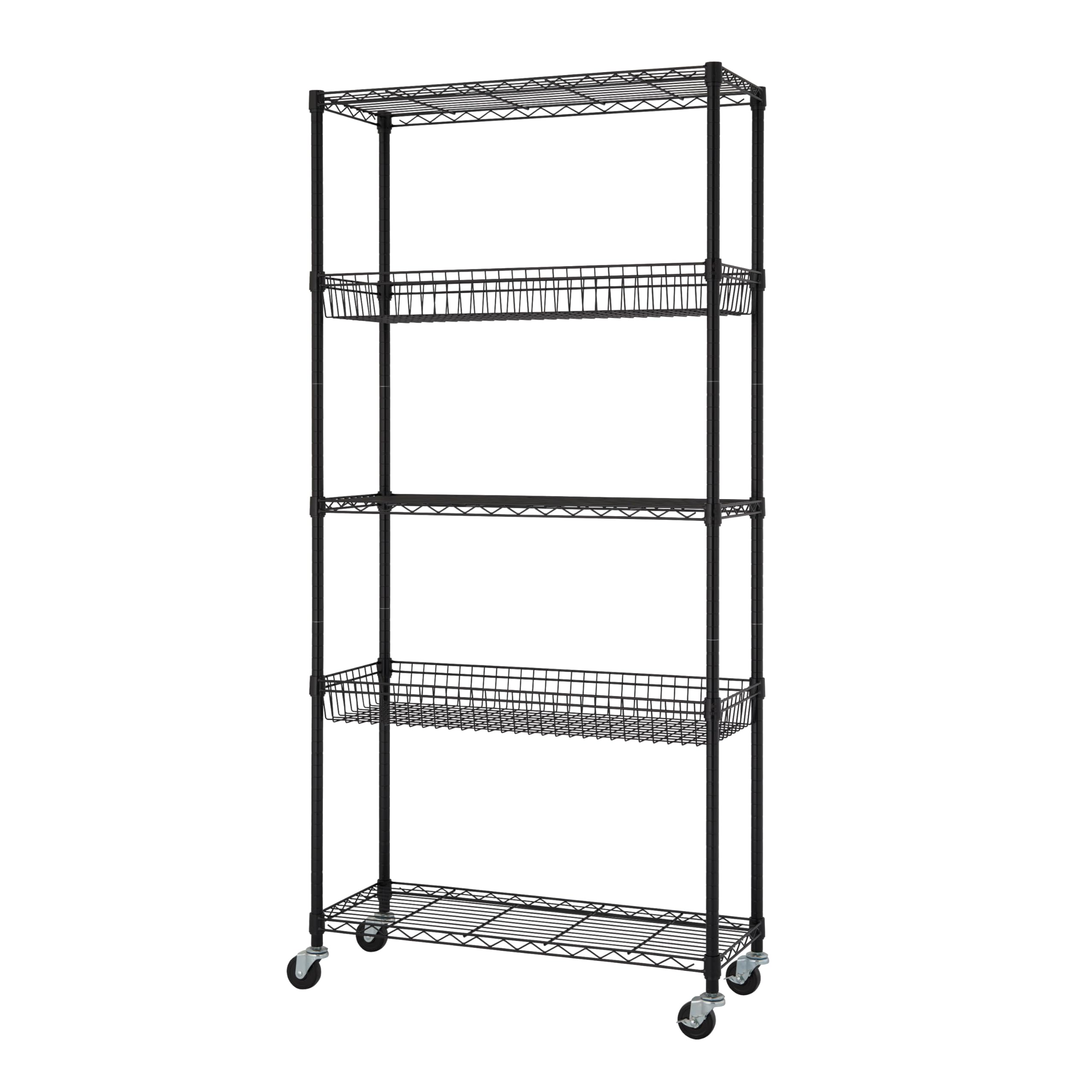 TRINITY 5-Tier Commercial Wire Shelving Rack with Baskets and Wheels, NSF Certified, Black, 36" x 14" x 72