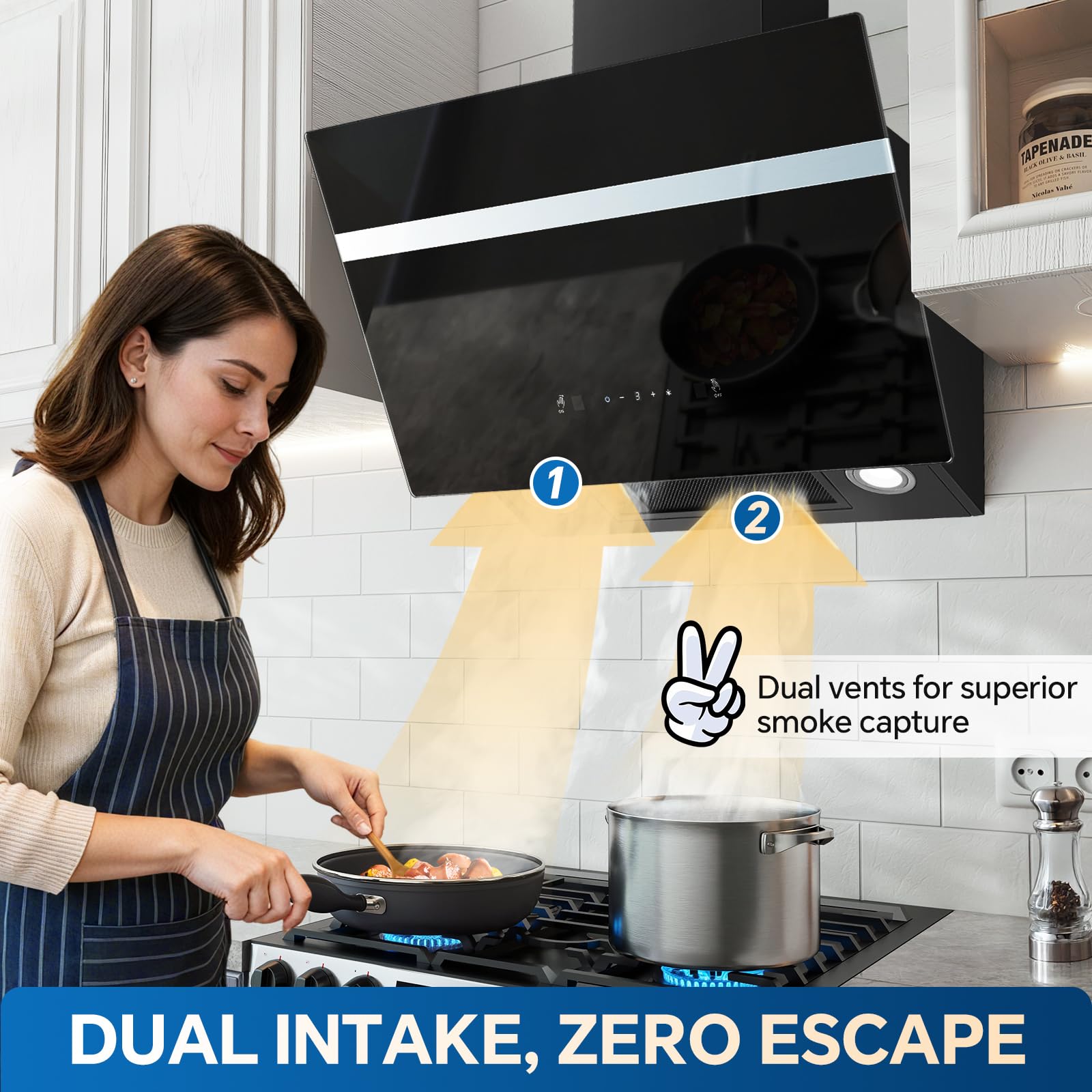 TopStrong Cooker Hood 60cm, 800 m³/h Kitchen Extractor Fan with Carbon Filters, Class A+++ Wall Mounted Extractor Hood with Recirculating & Ducting System, Touch and Gesture Control, 3 Speed + Booster - 3