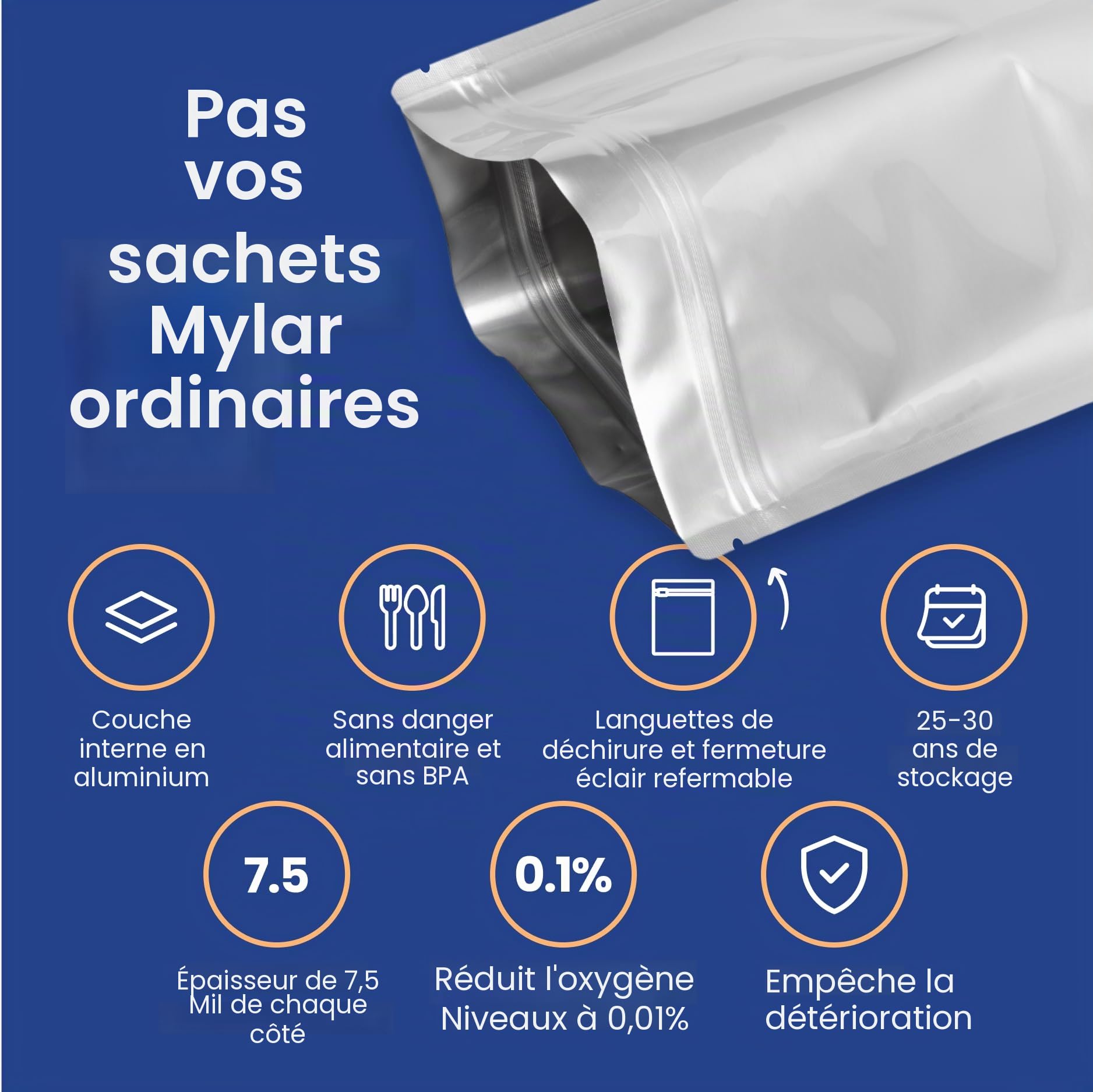 Wallaby Lot de 30 sachets en mylar à gousset de 1 gallon – Thermoscellable et sans danger pour les aliments – Stockage alimentaire à long terme – Argent standard Paquet de 30