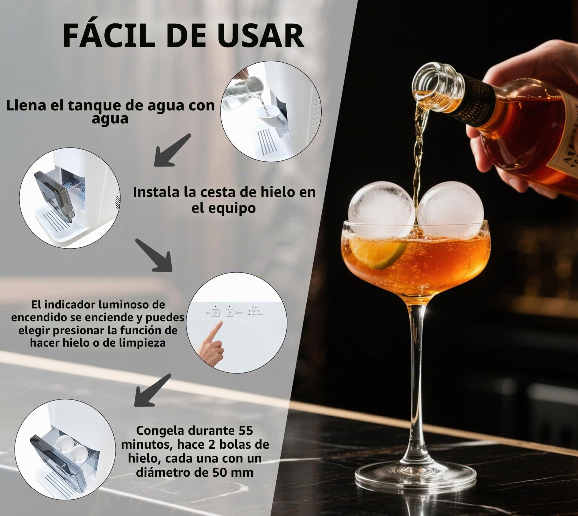 Máquina para Hacer Bolas de Hielo, con Sensores Inteligentes, Limpieza con Un Solo Toque, Produce 2 Piezas en 50 Minutos, Máquina de Hielo Silenciosa con Autolimpieza y Pinza para Hielo,YH1590