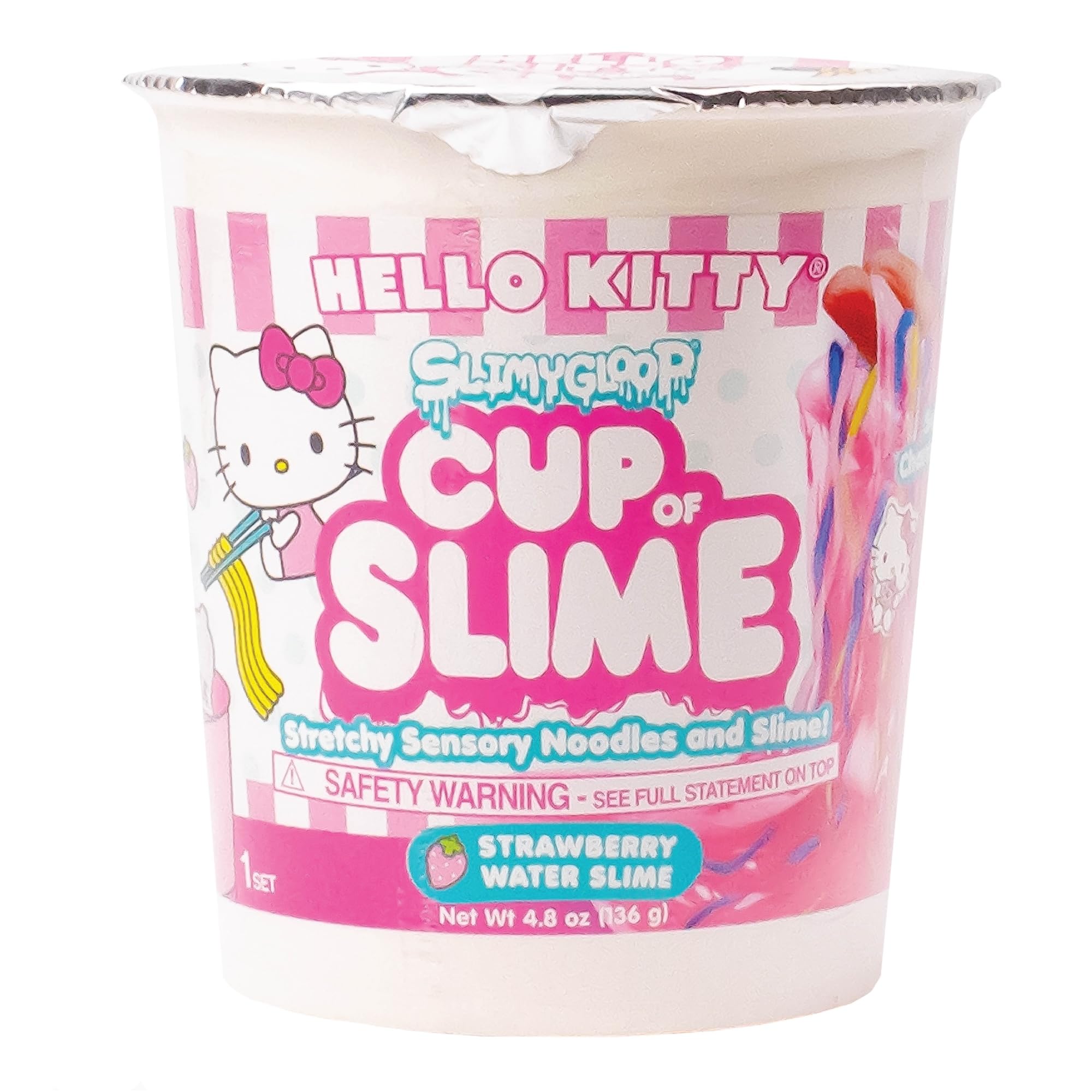Hello Kitty Kawaii Slime Cup, 4.8 oz. Strawberry Pink Slime with Stretchy Noodles, Noodle Cup, Hello Kitty Charm, Sanrio Slime Kit