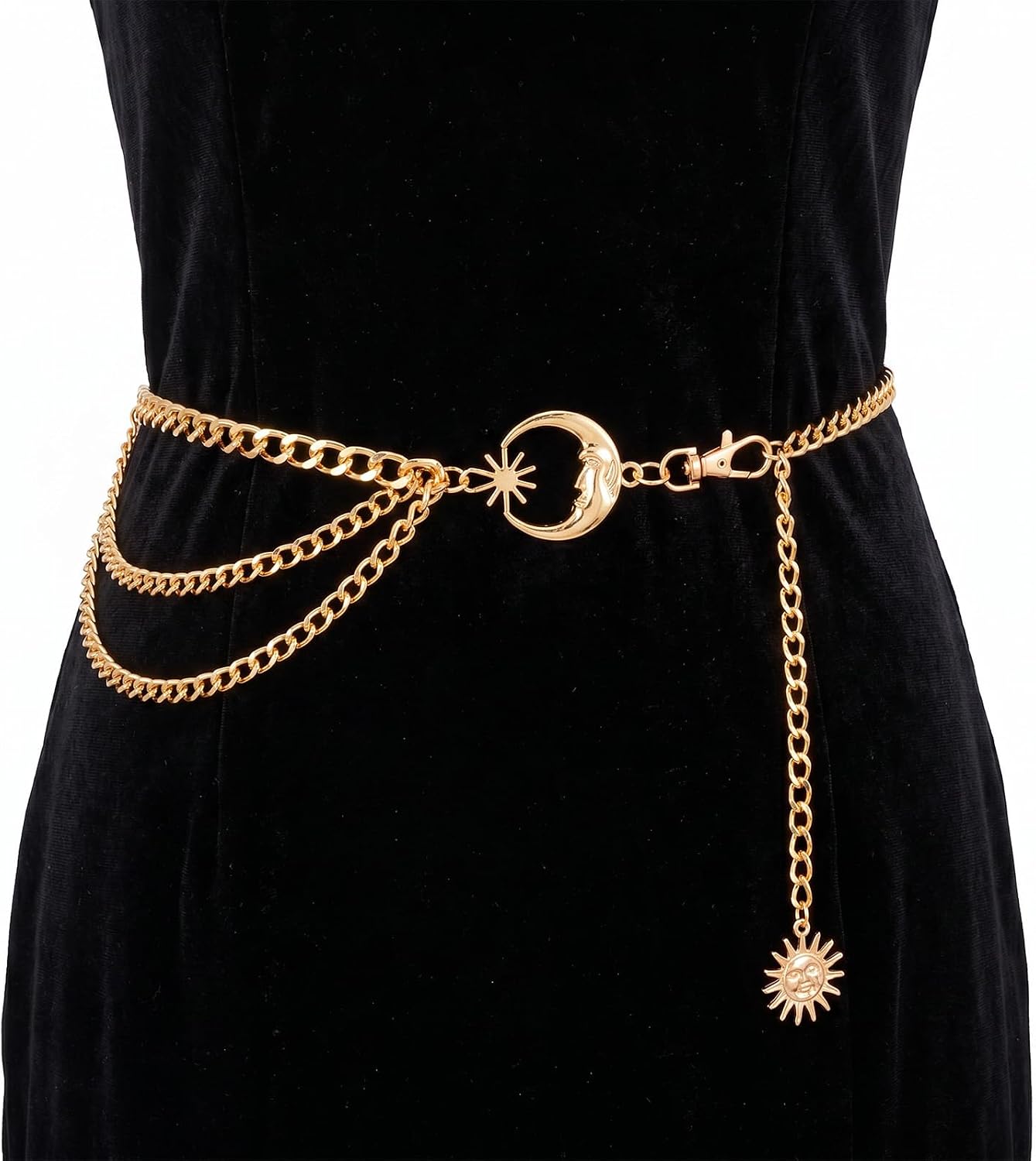 cobee Layered Waist Chain for Women, Metal Waist Chain Gold Body Chains Belt with Sun Moon Pendant Adjustable Hip Chains