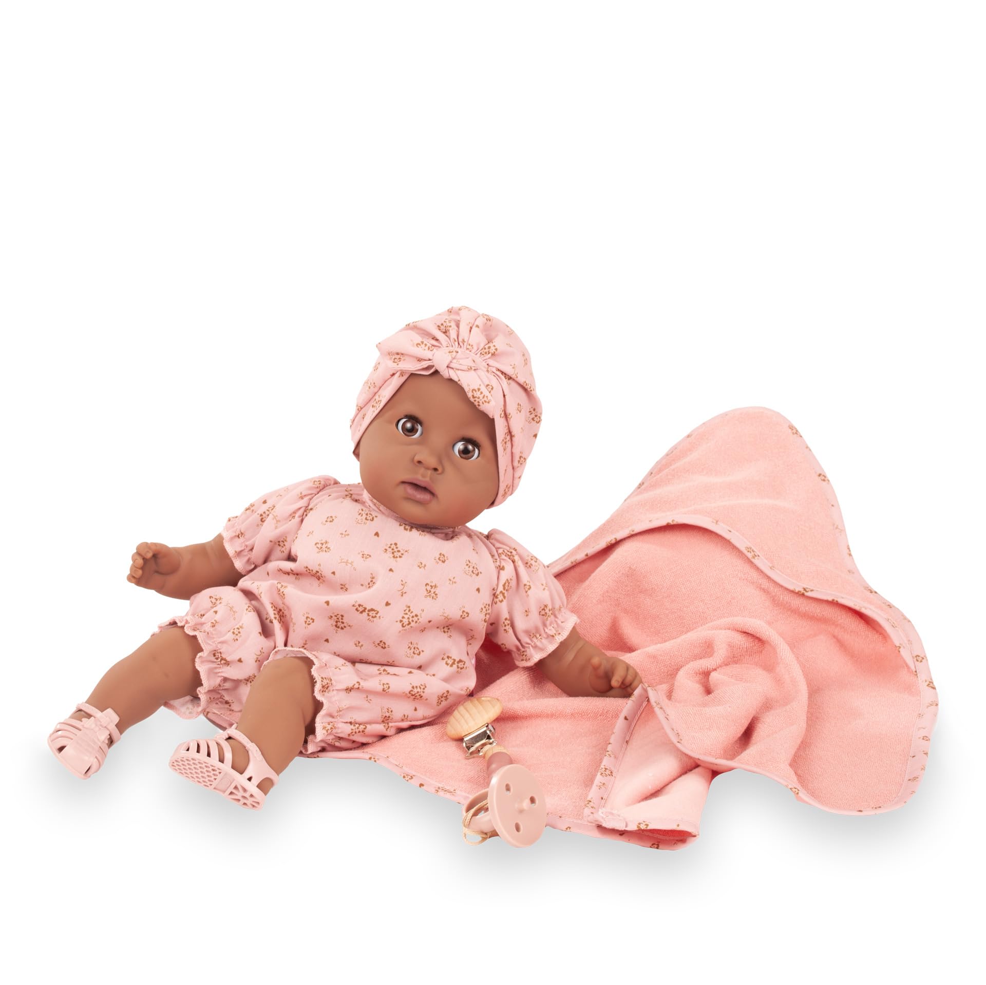 Götz 2616875 Cosy Aquini Millefleur Puppe 33 cm Badepuppe 8-TLG | für Kinder ab 3 Jahren, Babypuppe, ohne Haare, Weichkörper, braune Schlafaugen, Schnuller und Badetuch