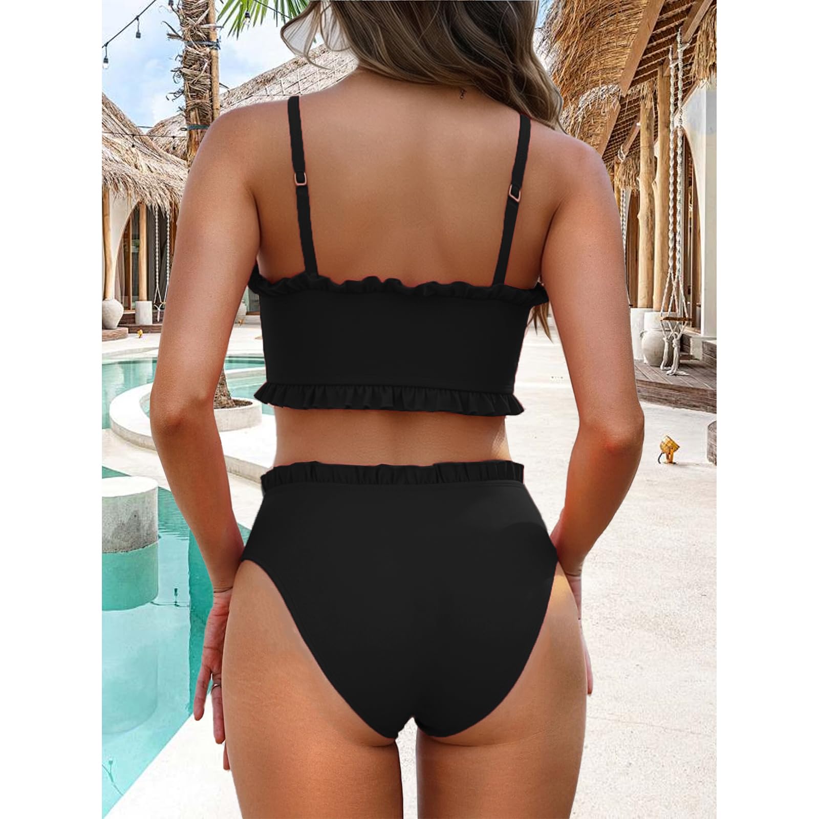 OUSIMEN Maillots de Bain Femme Deux Pièces Design Froncé et Torsadé Bretelles Bikini et Bas à Taille Moyenne