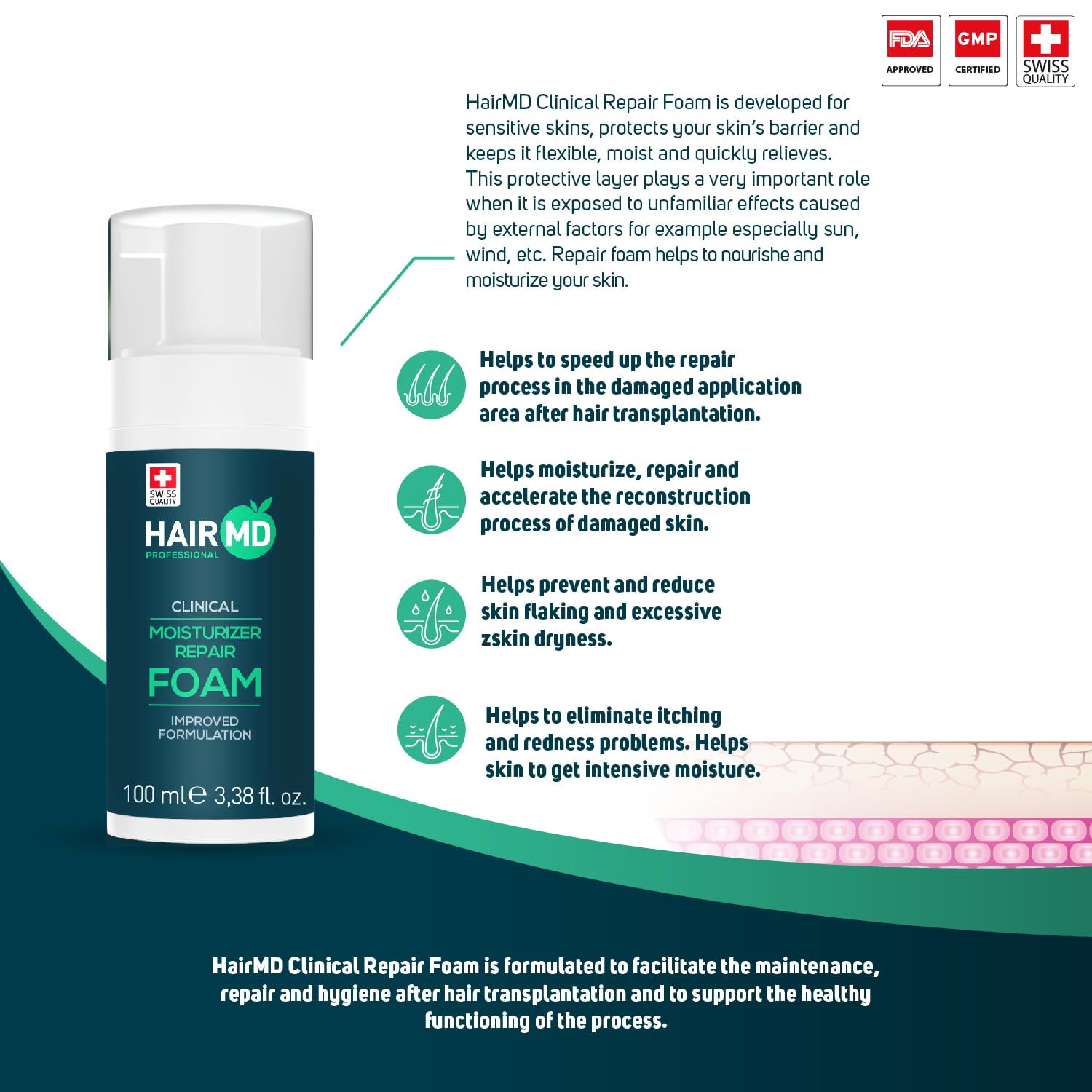 HairMD Clinical Foam 100 ml, Exclusive Clinical Moisturizing and Repair Foam, Gently Repairs and Cleanses Scalp - Ideal for Sensitive Skin After Hair Transplant