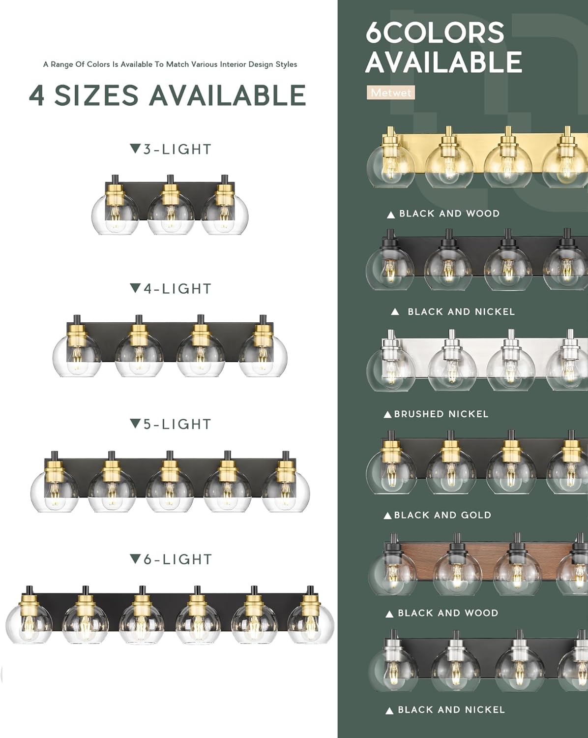 METWET Bathroom Light Fixtures, 3-Light Black and Gold Bathroom Vanity Light, Modern Wall Sconces with Globe Clear Glass Shade, Vanity Lighting Fixtures Over Mirror, VL195-KG-3