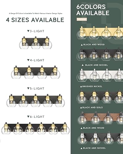 Miniatura 7 de VL195-KG-5 - Lámpara de baño de 5 luces negras y doradas, apliques de pared modernos de 32 pulgadas con pantalla de vidrio transparente de globo,