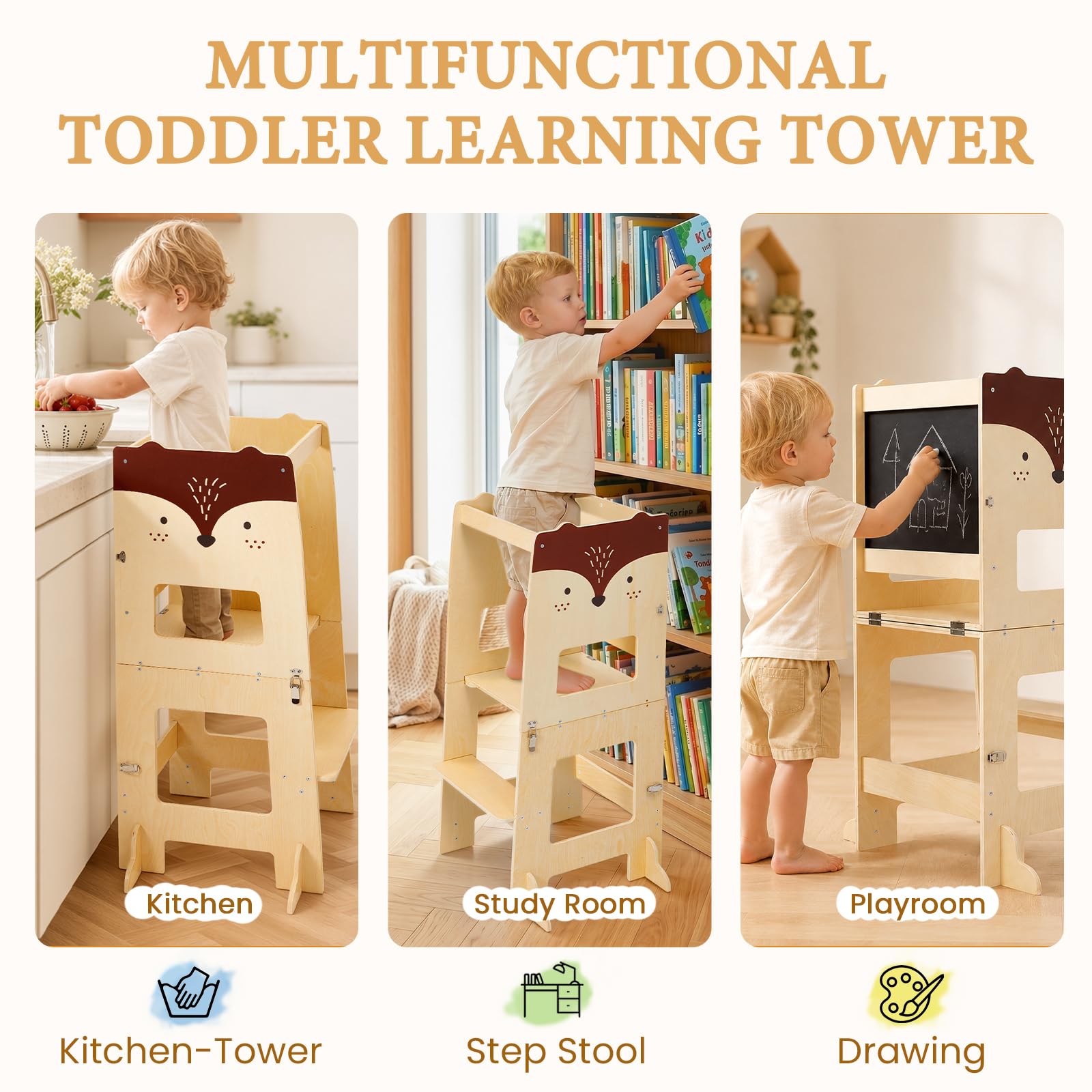 labebe Lernturm ab 1 Jahr， klappbar Montessori Learning Tower | 3 in 1 Montessori Lernturm Kinder mit Message Boards ab 1 Jahr aus Holzwerkstoff