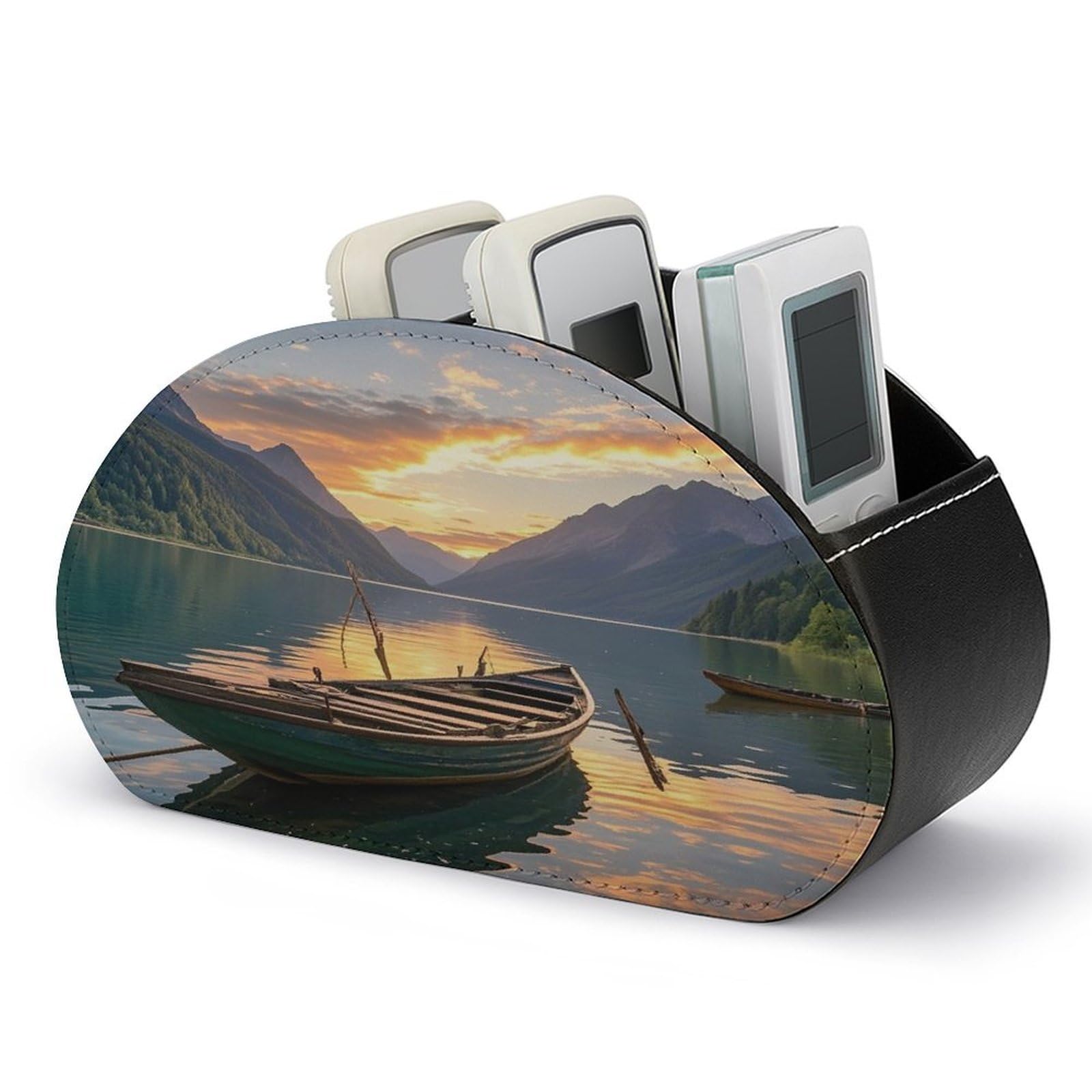 LZQPOEAS River Sunset Wooden Boat Remote Control Holder with 5 Compartments PU Leather Remote Organizer Box Caddy for Table Nightstand Remote Caddy Desktop Organizer Fits Media Controllers