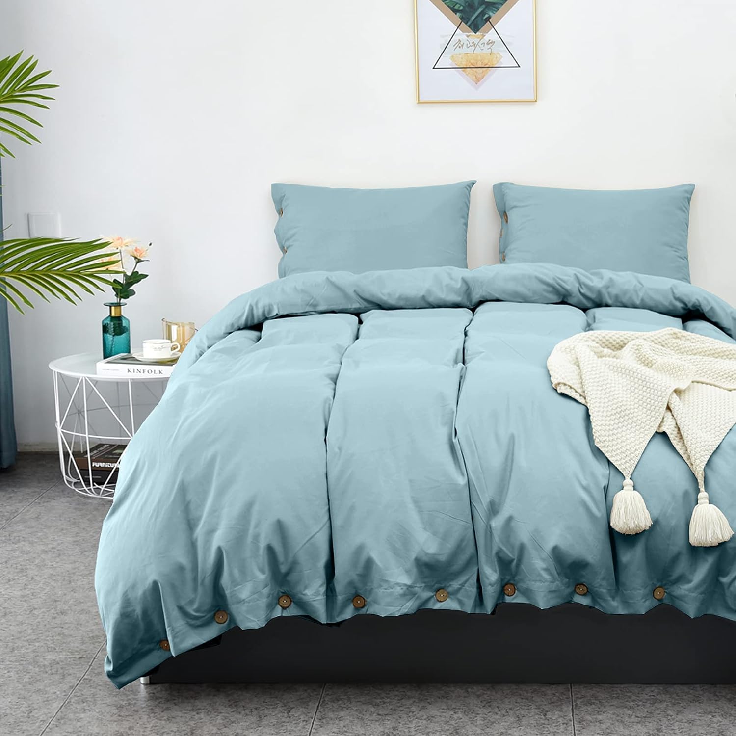 LHKIS Duvet Cover Full, Gray Blue Farmhouse Duvet Cover Set, Soft Microfiber Comforter Cover Hotel Button Bedding Duvet Cover 3 Pieces