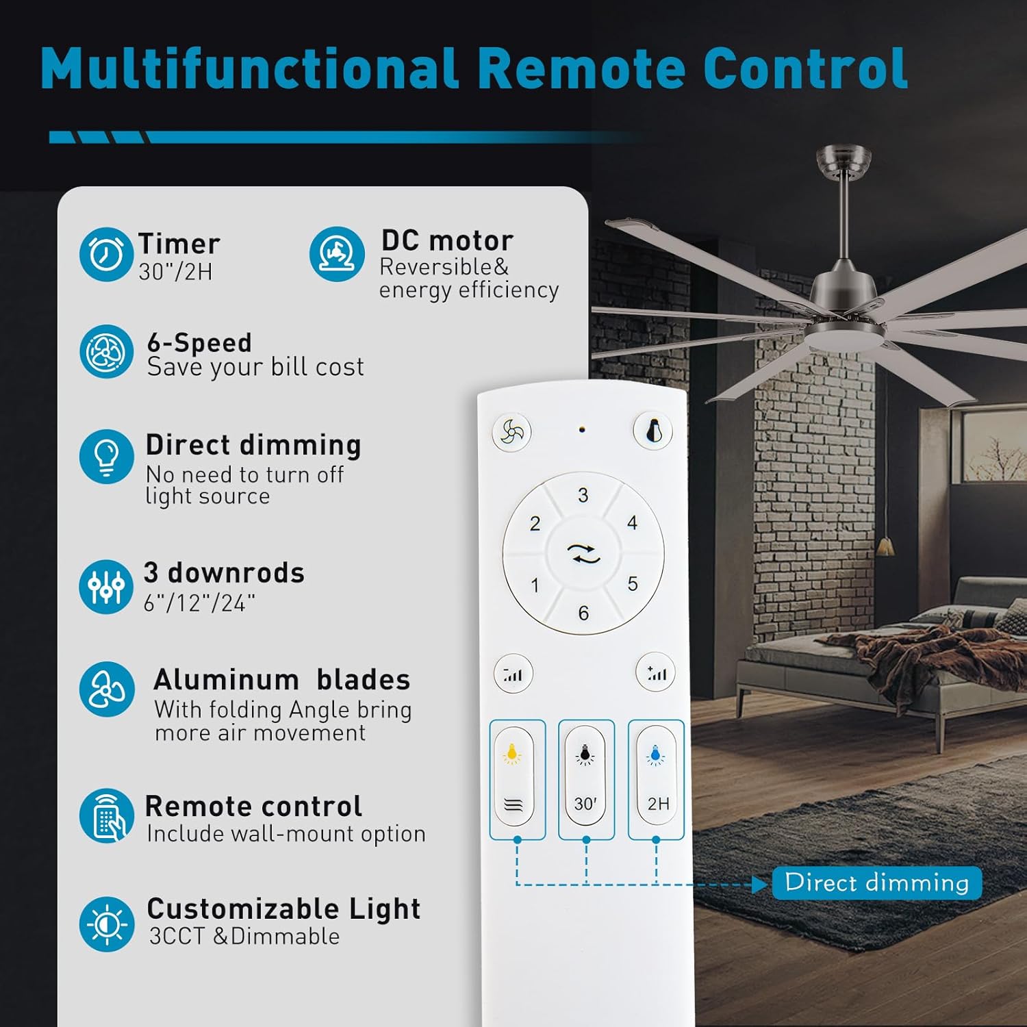 72 lnch lndustrial Celing Fan with Light and Remote Control,Large Celing Fan with 8 Brushed Nickel Aluminum Blades,6 Speed Noiseless DC Motor,Wet Rated Indoor Outdoor Ceiling Fans for Patio,Garage