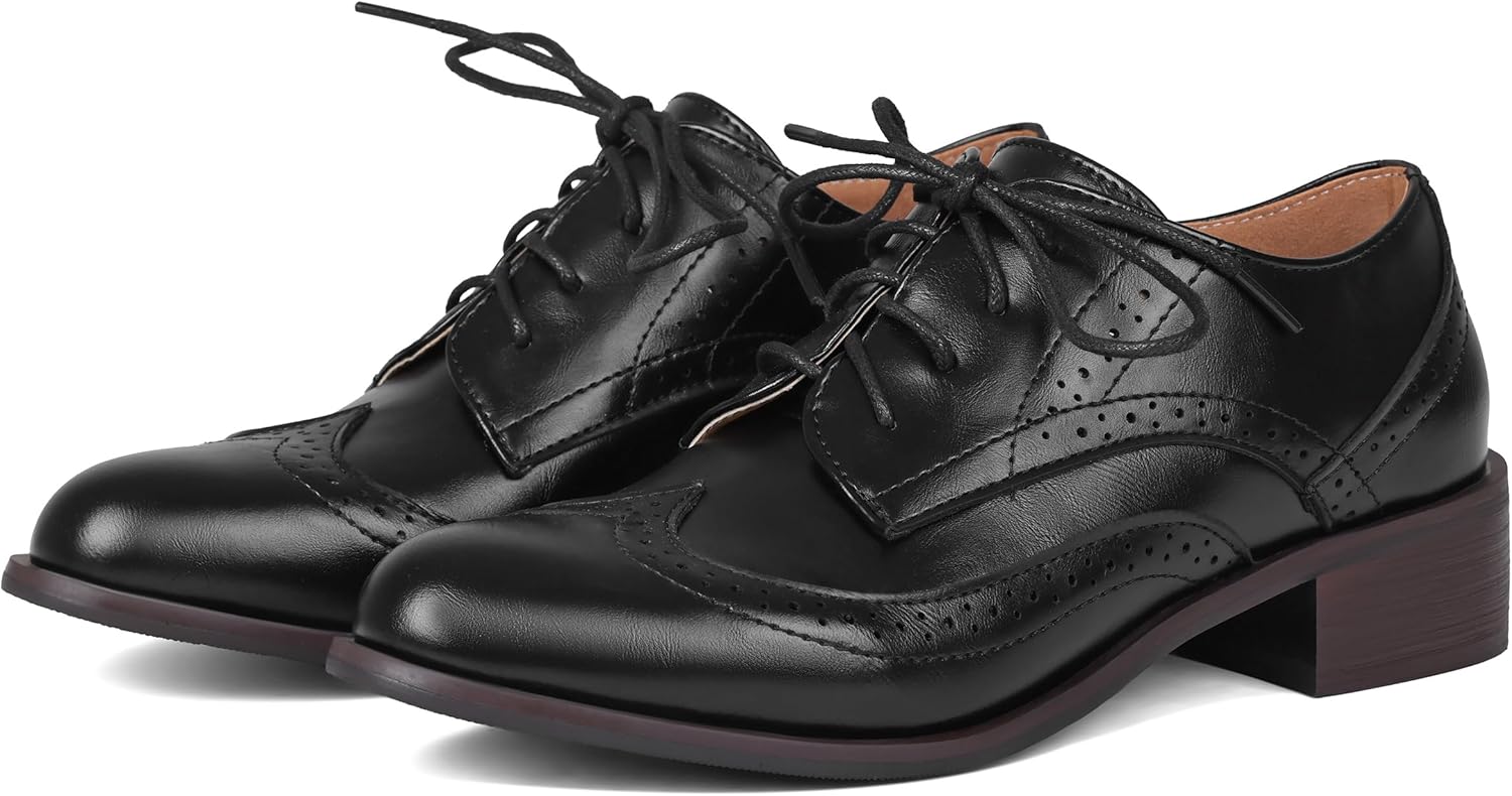 Yremael Women Black Oxfords Lace Up Pointed Toe Classic Business Formal Wingtip Brogue Dressy Shoes