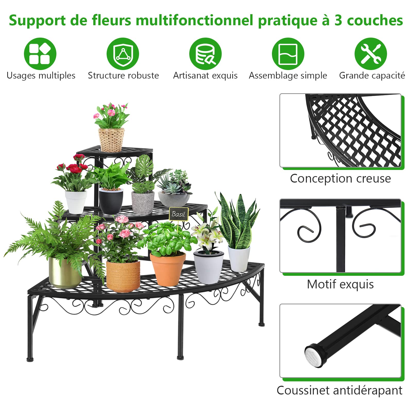 RELAX4LIFE Étagère à Fleurs Porte-Plante en Fer Forgé (Style 3, 3 niveaux)