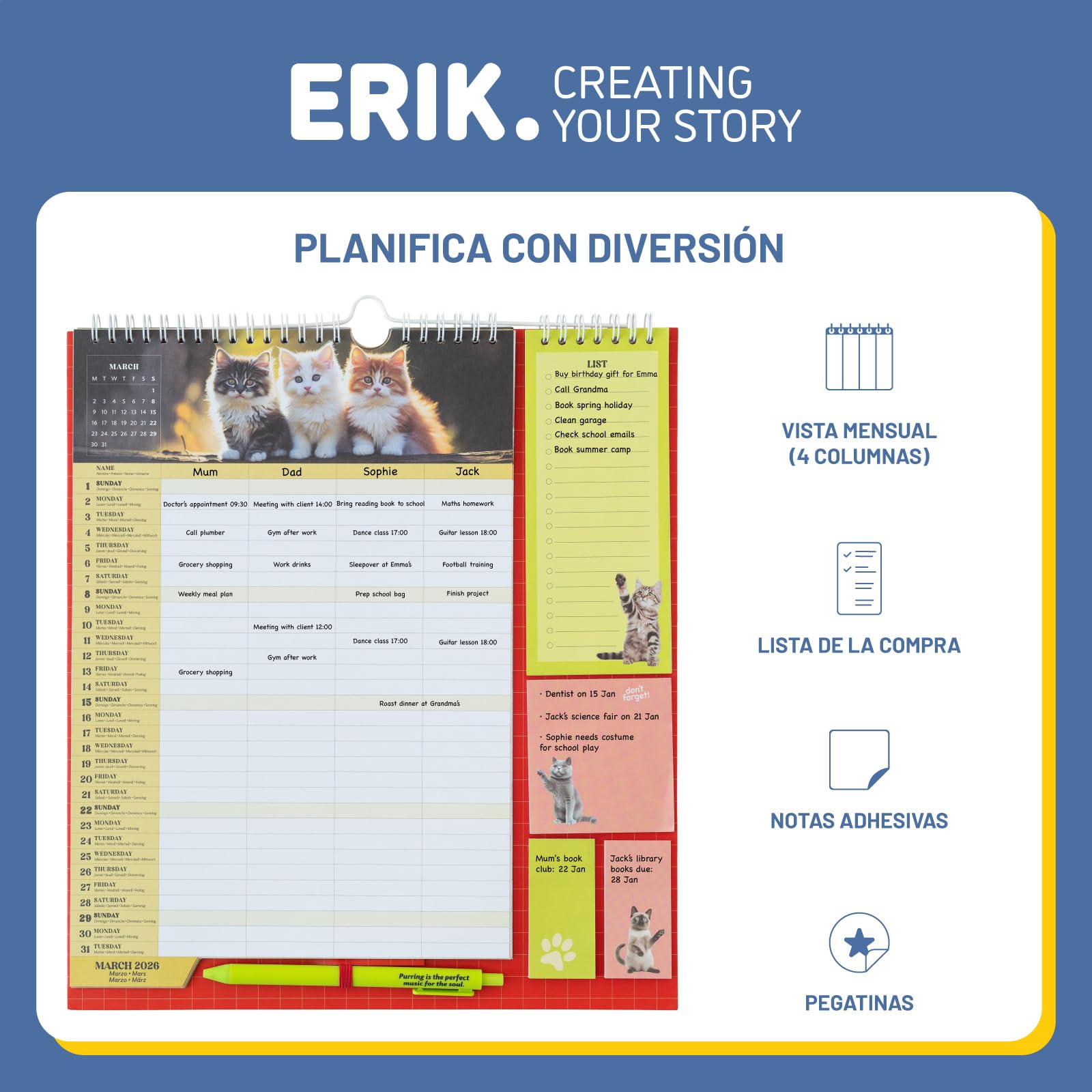 Calendario Familiar 2026 Gatos - Calendario 2026 pared : Planificador mensual | Incluye Pegatinas, Notas Adhesivas y Cuelga Fácil [16 MESES]