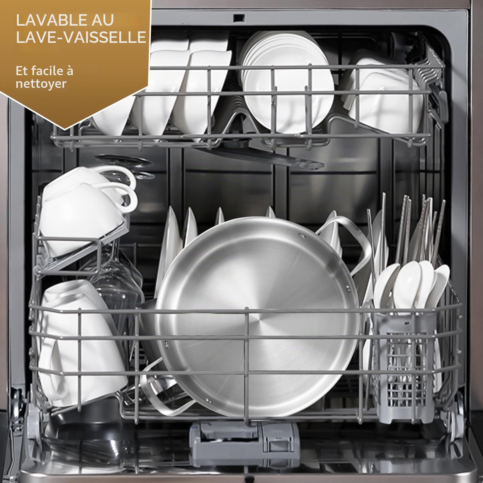 LOLYKITCH Sauteuse 28 cm en acier inoxydable triple épaisseur, capacité 5 L | Acier Inoxydable avec Couvercle en Verre ,Sans Revêtement Antiadhésif , Compatible Induction et Tous Feux ,Sans PFAS