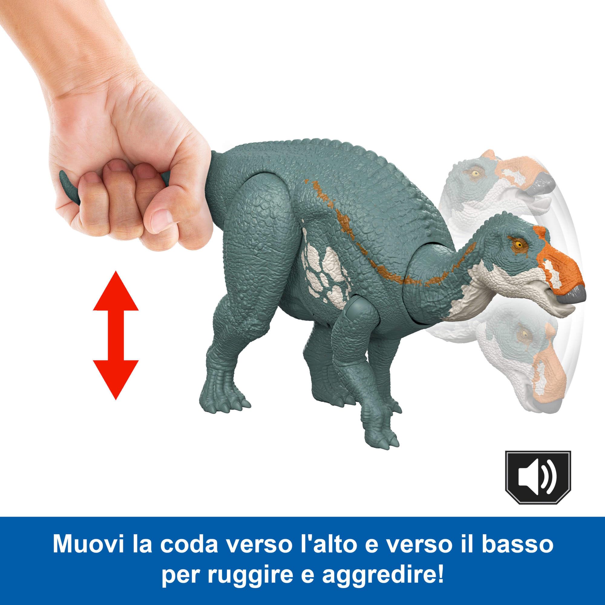 Mattel Jurassic World La Rinascita Maiasaura Ruggito Selvaggio, dinosauro giocattolo con attacco multidirezionale azionato con la coda e suoni, snodato, gioco digitale, JGC82