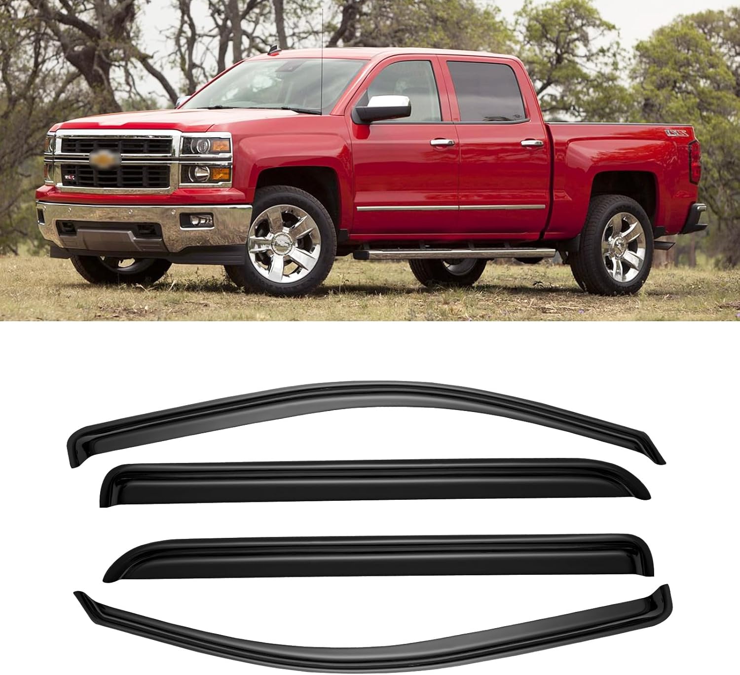 Window Visors for 2014-2018 Chevrolet(Chevy) Silverado & GMC Sierra 1500 Crew Cab, Rain Guards Vent Deflector Shade Dark Smoke for 15-19 Silverado & Sierra 2500HD/3500HD, Tape-On, 4PCS For 2014-2019 | Chevy Silverado/ GMC Sierra | Crew Cab | Out-Channel