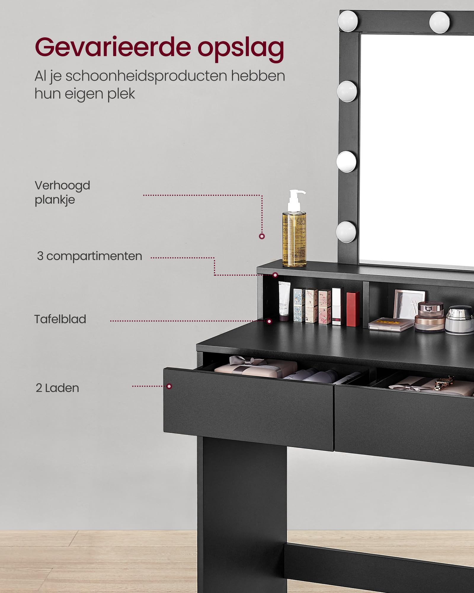 ZAZA Home Kaptafel, kaptafel met spiegel en gloeilampen, cosmetische