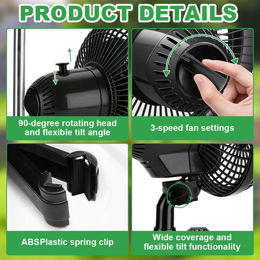 Grow Ventilator mit Clip 2 Geschwind, Oszillierender Klemmventilator zur Befestigung an Grow Tent-Stangen, Leise Grow Lüfter, Perfekt für Zelt Growzelt Grow Tent