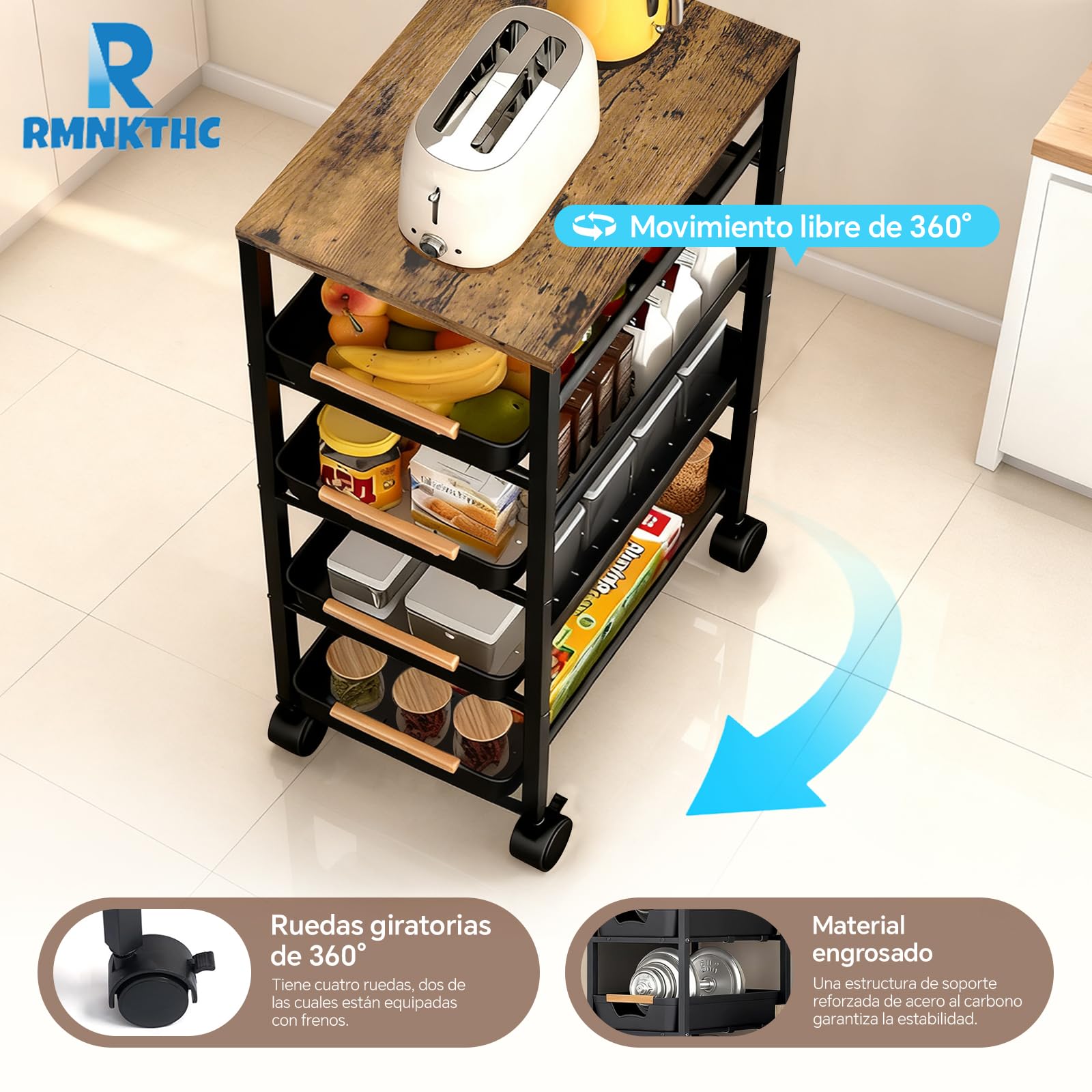 Carro de cocina con 5 estantes y 4 cajones, ruedas de 360° con 2 frenos, con placa de madera y cestas ventiladas, para almacenar frutas, verduras, microondas en la cocina y el salón (32 x