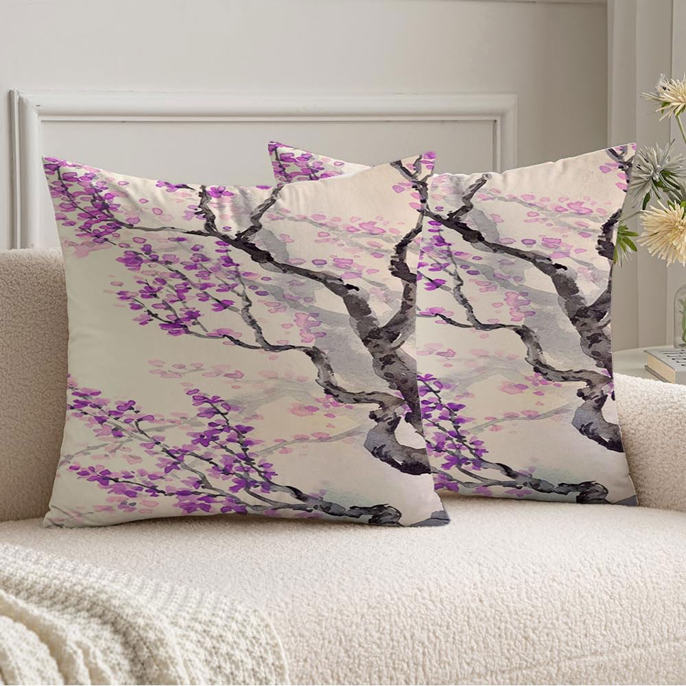 Decorative Set of 2 Throw Pillow Covers Watercolor Asian Spring Japanese Outdoor Chinese Style Purple Bud Painting Nature Drawing Textures Velvet