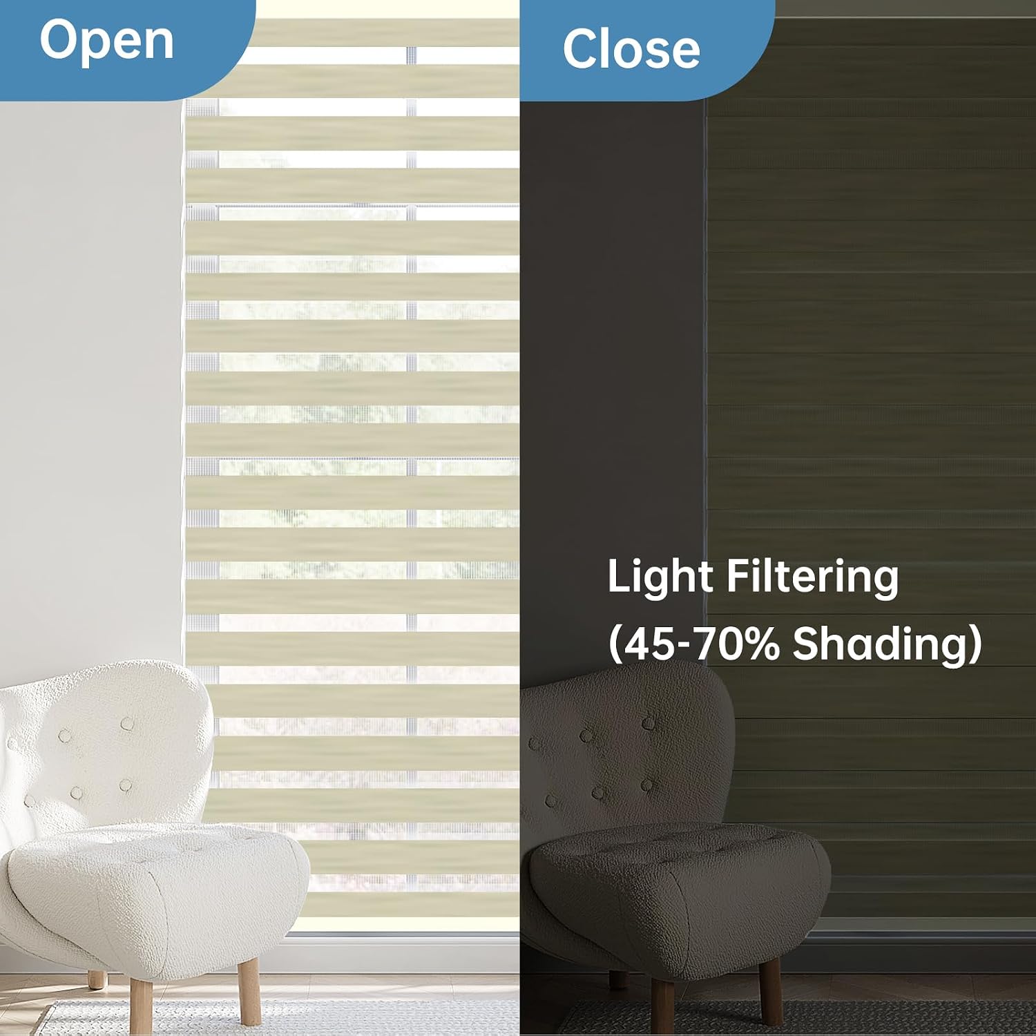 Cordless Zebra Blinds for Windows, Dual Layer Free-Stop Zebra Shades Privacy Light Control for Day and Night, Light Filtering Sheer Blinds for Home Office, Custom Size (Linen Light Beige)